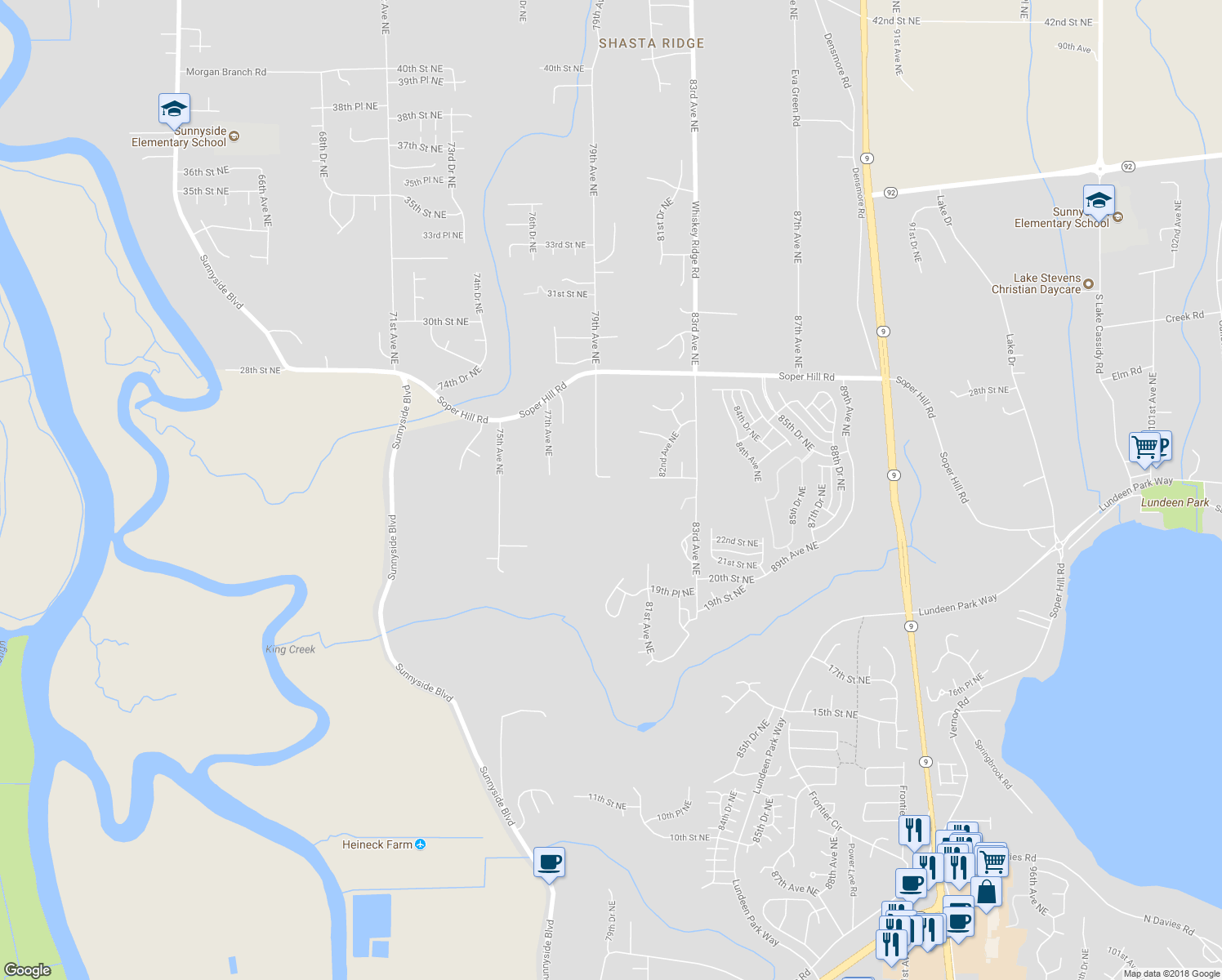 map of restaurants, bars, coffee shops, grocery stores, and more near 7920 24th Street Northeast in Lake Stevens