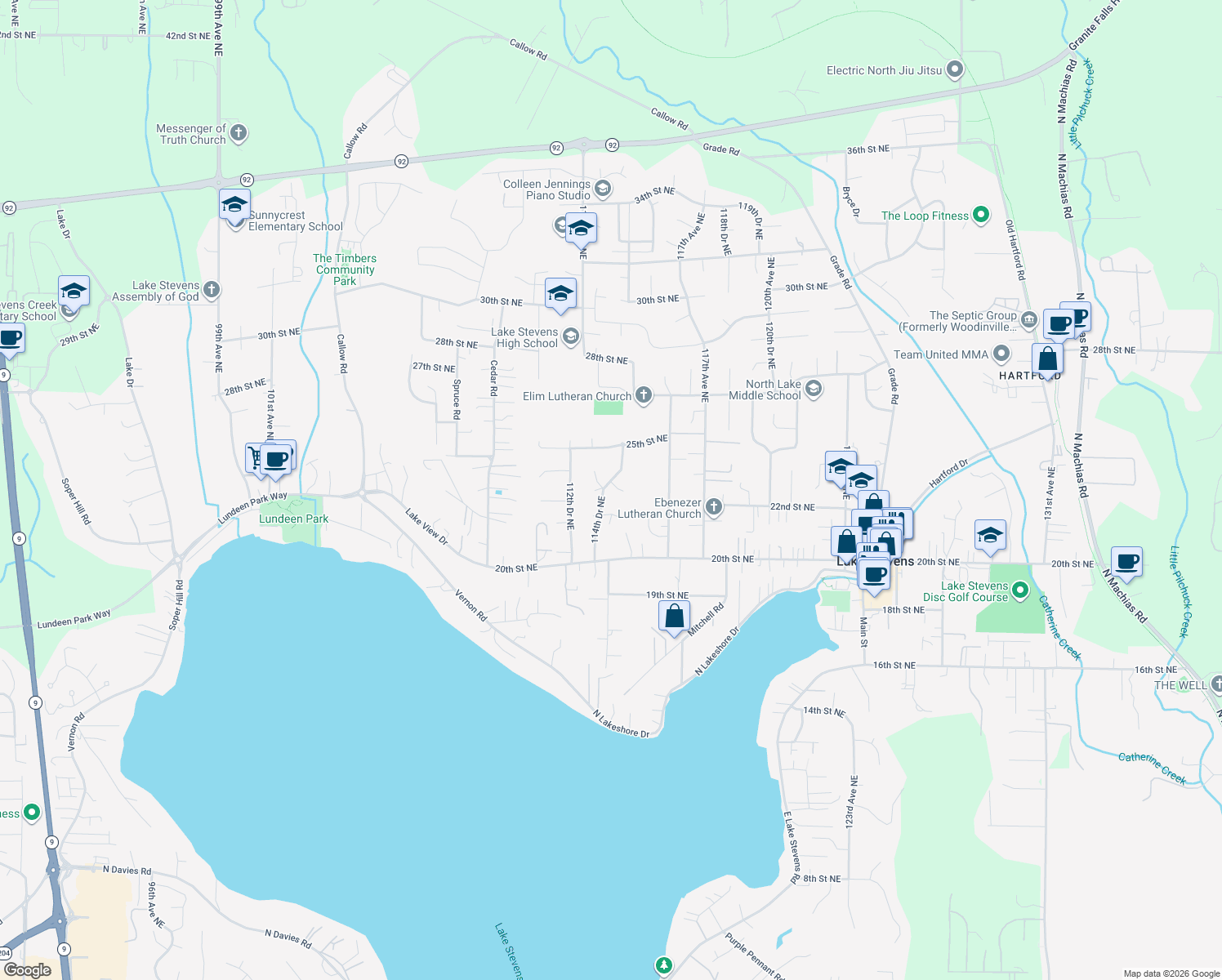 map of restaurants, bars, coffee shops, grocery stores, and more near 2213 114th Drive Northeast in Lake Stevens