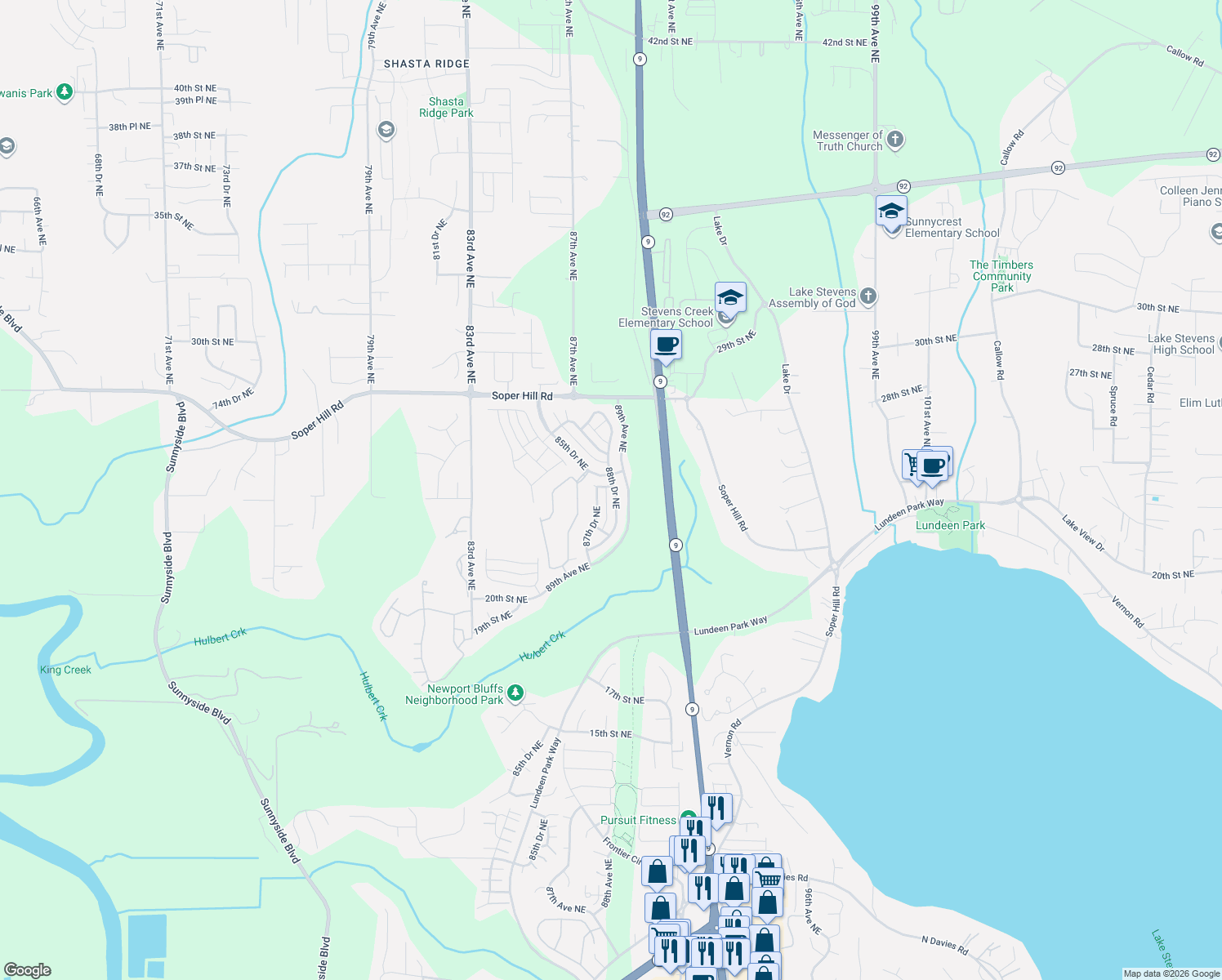 map of restaurants, bars, coffee shops, grocery stores, and more near 2414 88th Drive Northeast in Lake Stevens