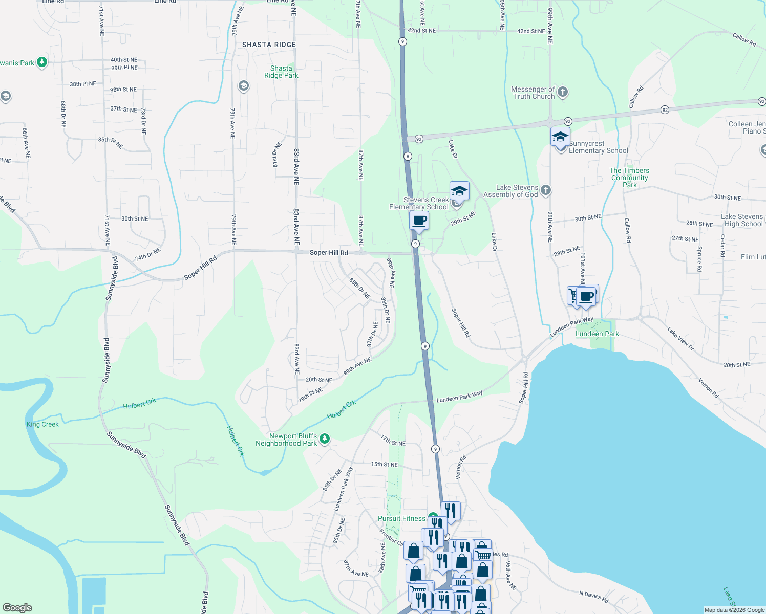 map of restaurants, bars, coffee shops, grocery stores, and more near 8805 24th Place Northeast in Lake Stevens