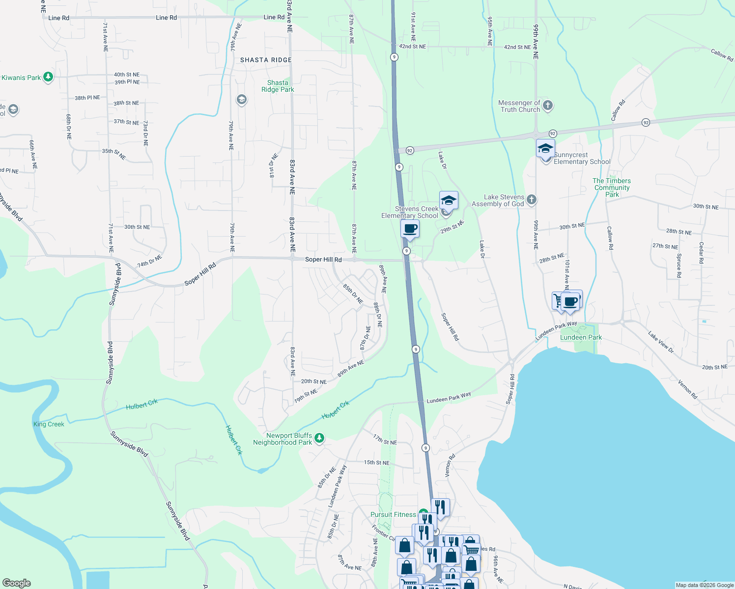 map of restaurants, bars, coffee shops, grocery stores, and more near 2510 87th Avenue Northeast in Lake Stevens
