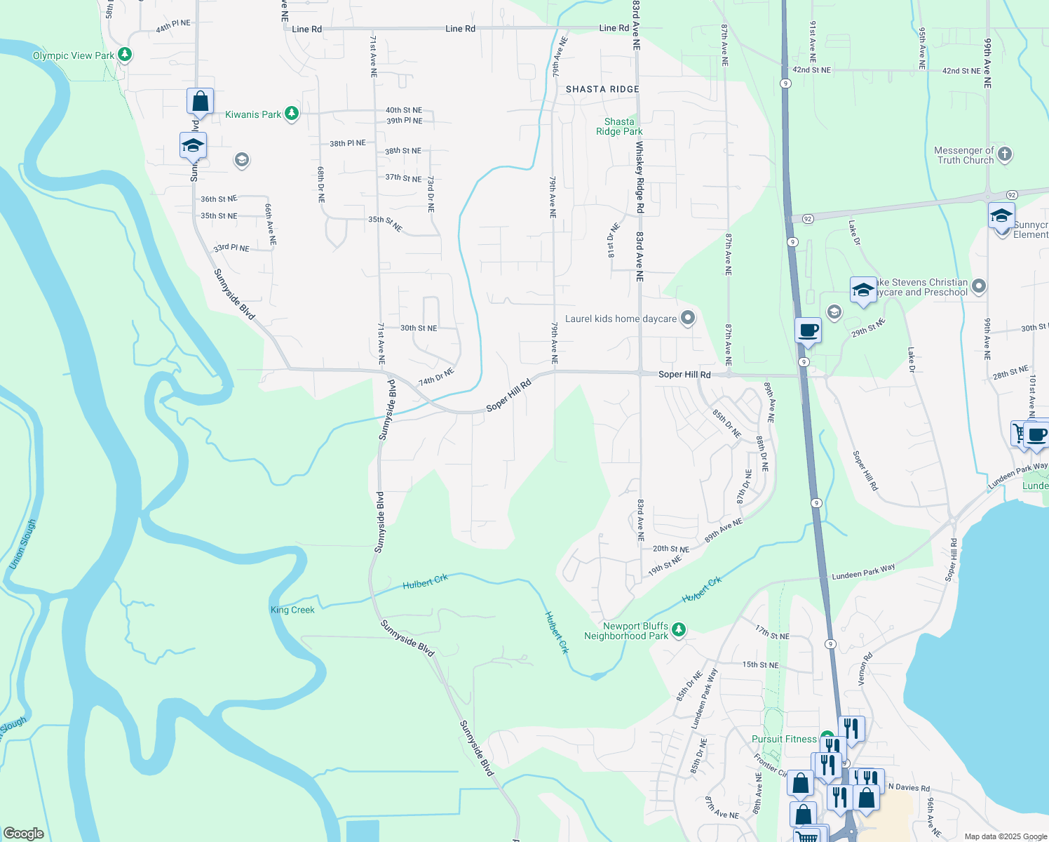 map of restaurants, bars, coffee shops, grocery stores, and more near 2521 77th Avenue Northeast in Lake Stevens