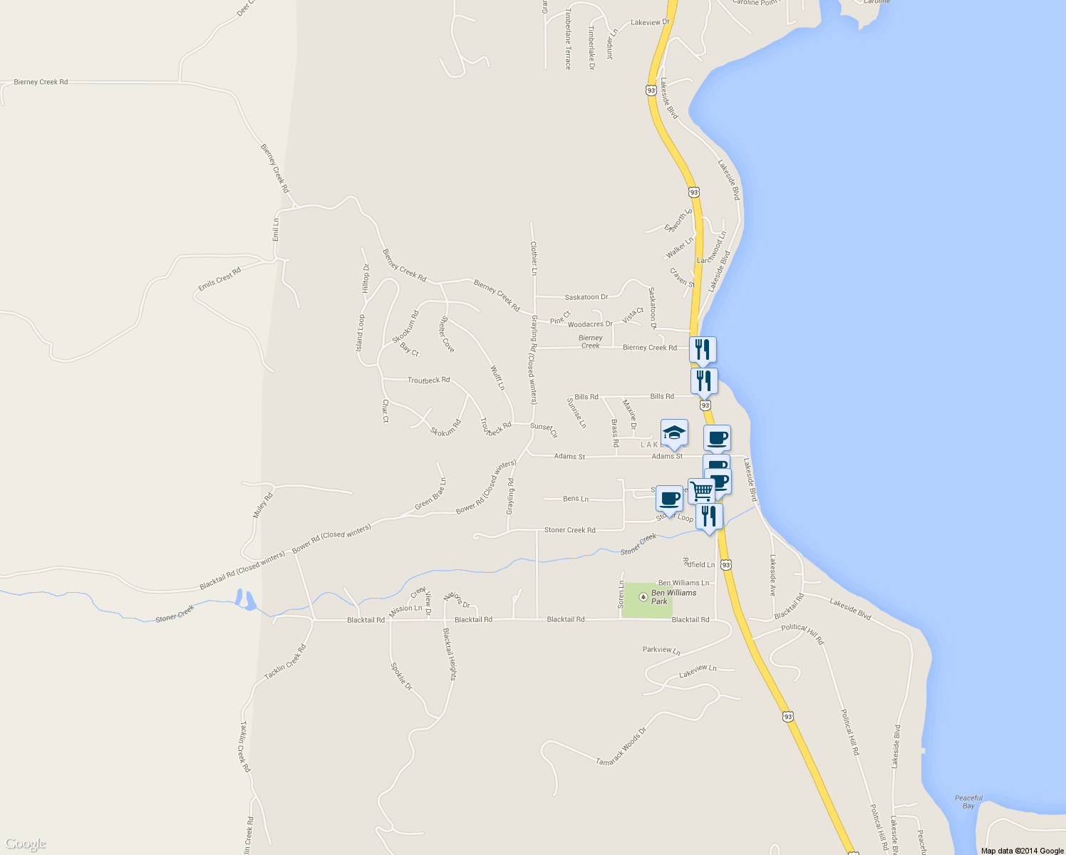 map of restaurants, bars, coffee shops, grocery stores, and more near 515 Grayling Rd in Lakeside