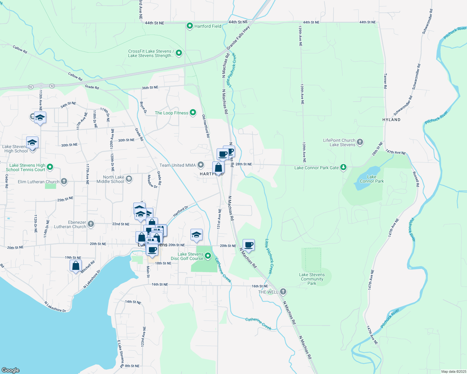 map of restaurants, bars, coffee shops, grocery stores, and more near 2527 North Machias Road in Lake Stevens