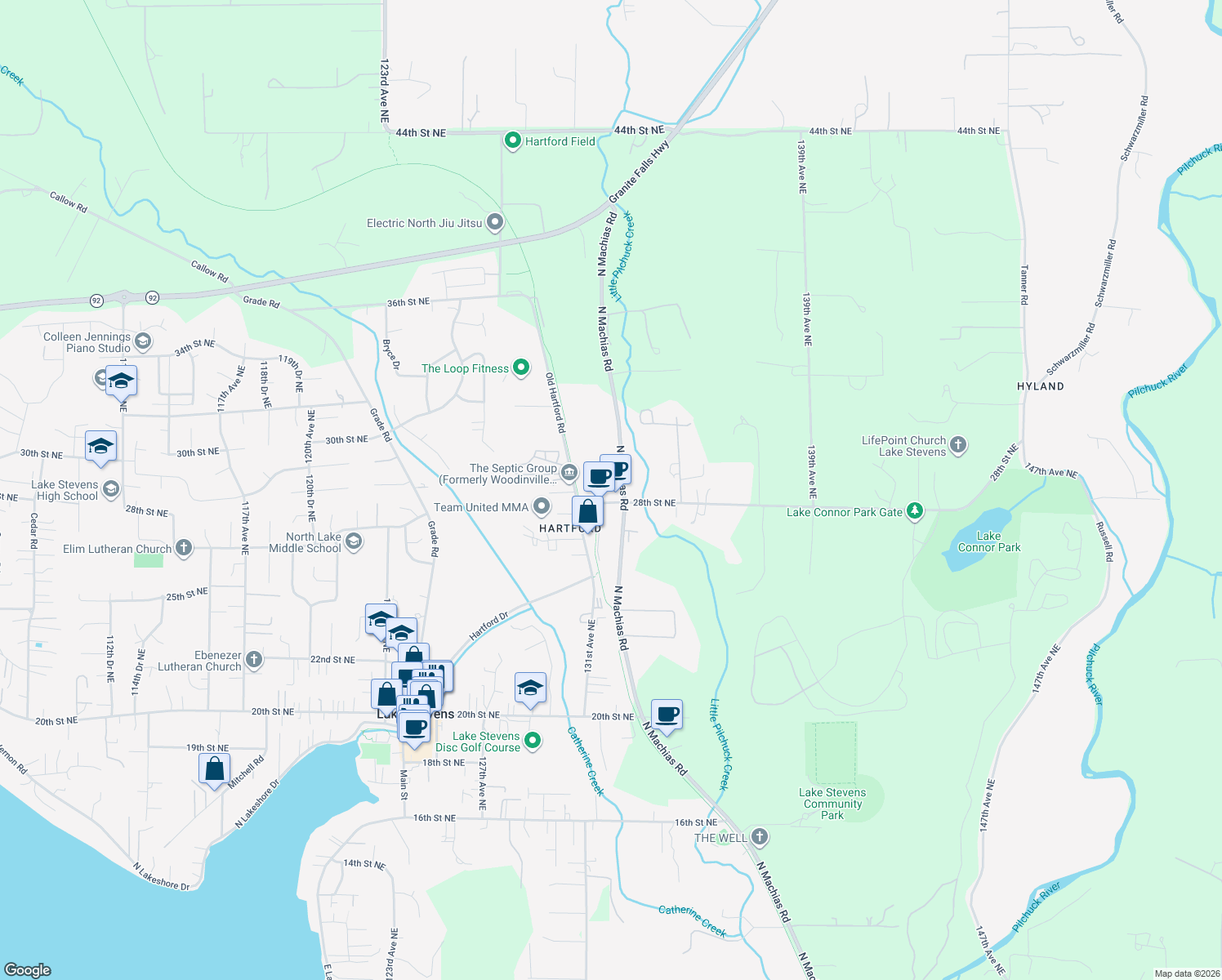 map of restaurants, bars, coffee shops, grocery stores, and more near 13109 28th Street Northeast in Lake Stevens
