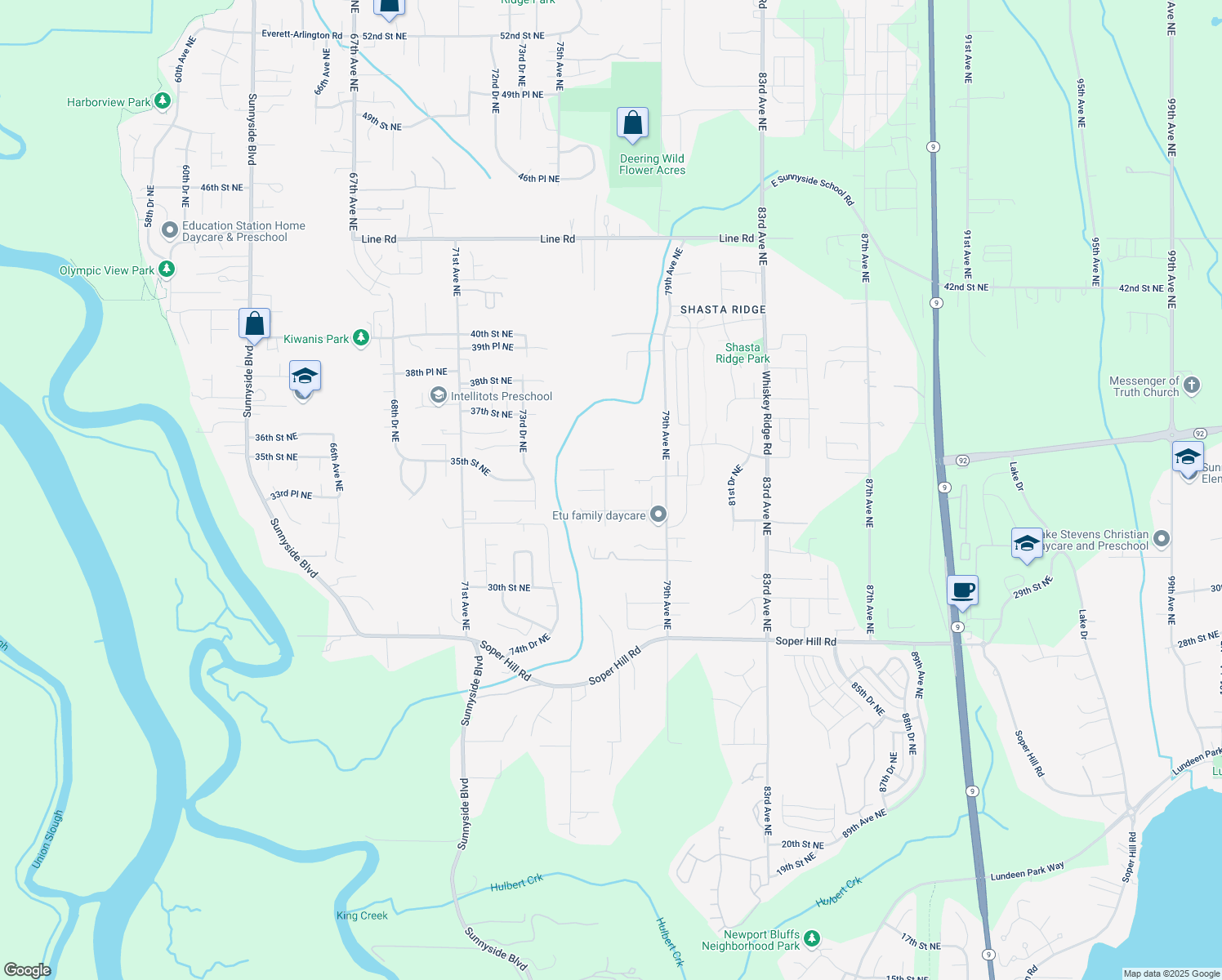 map of restaurants, bars, coffee shops, grocery stores, and more near 3401 76th Drive Northeast in Marysville