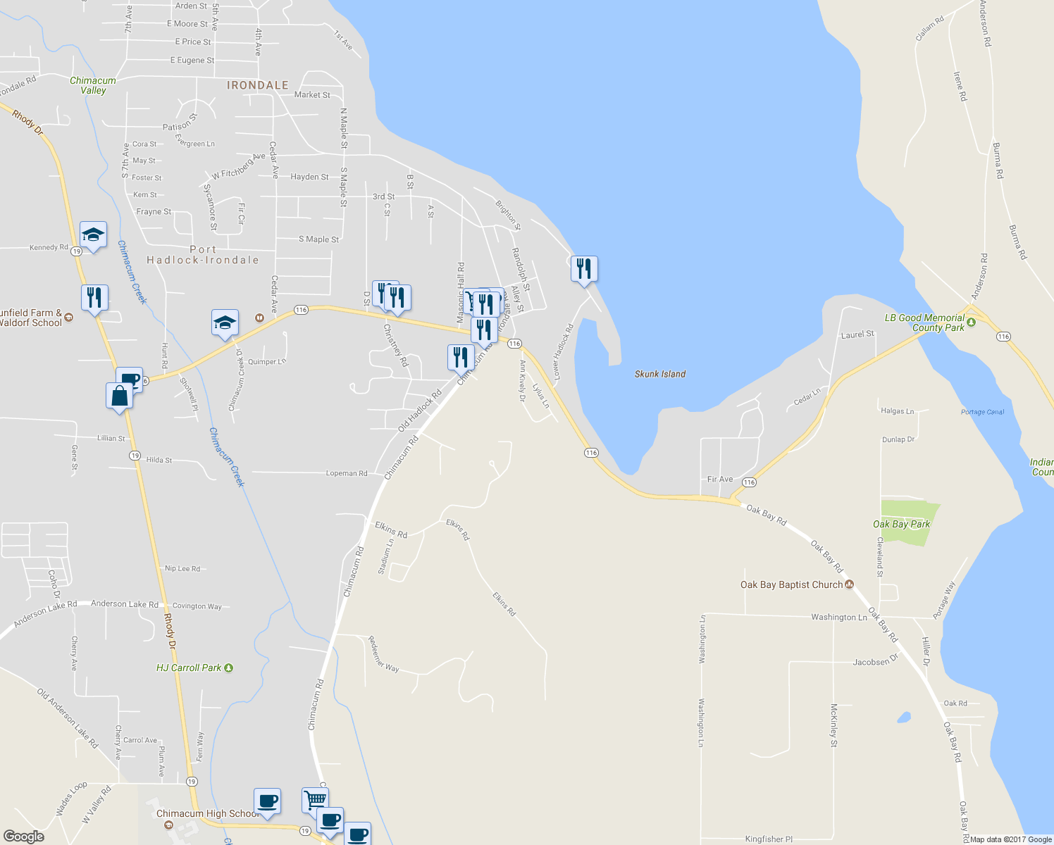 map of restaurants, bars, coffee shops, grocery stores, and more near 172 Ann Kivley Drive in Port Hadlock-Irondale