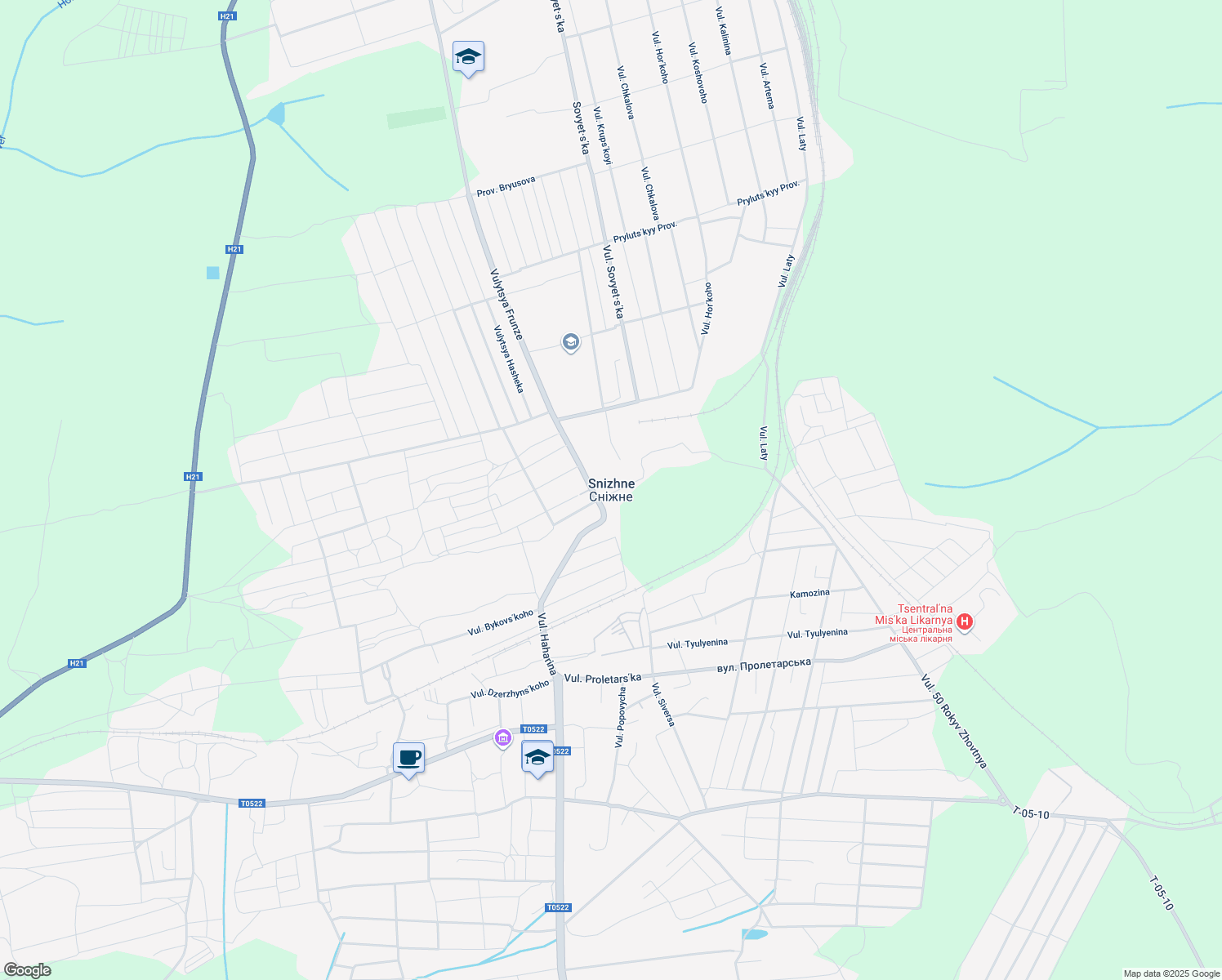 map of restaurants, bars, coffee shops, grocery stores, and more near in Snizhne