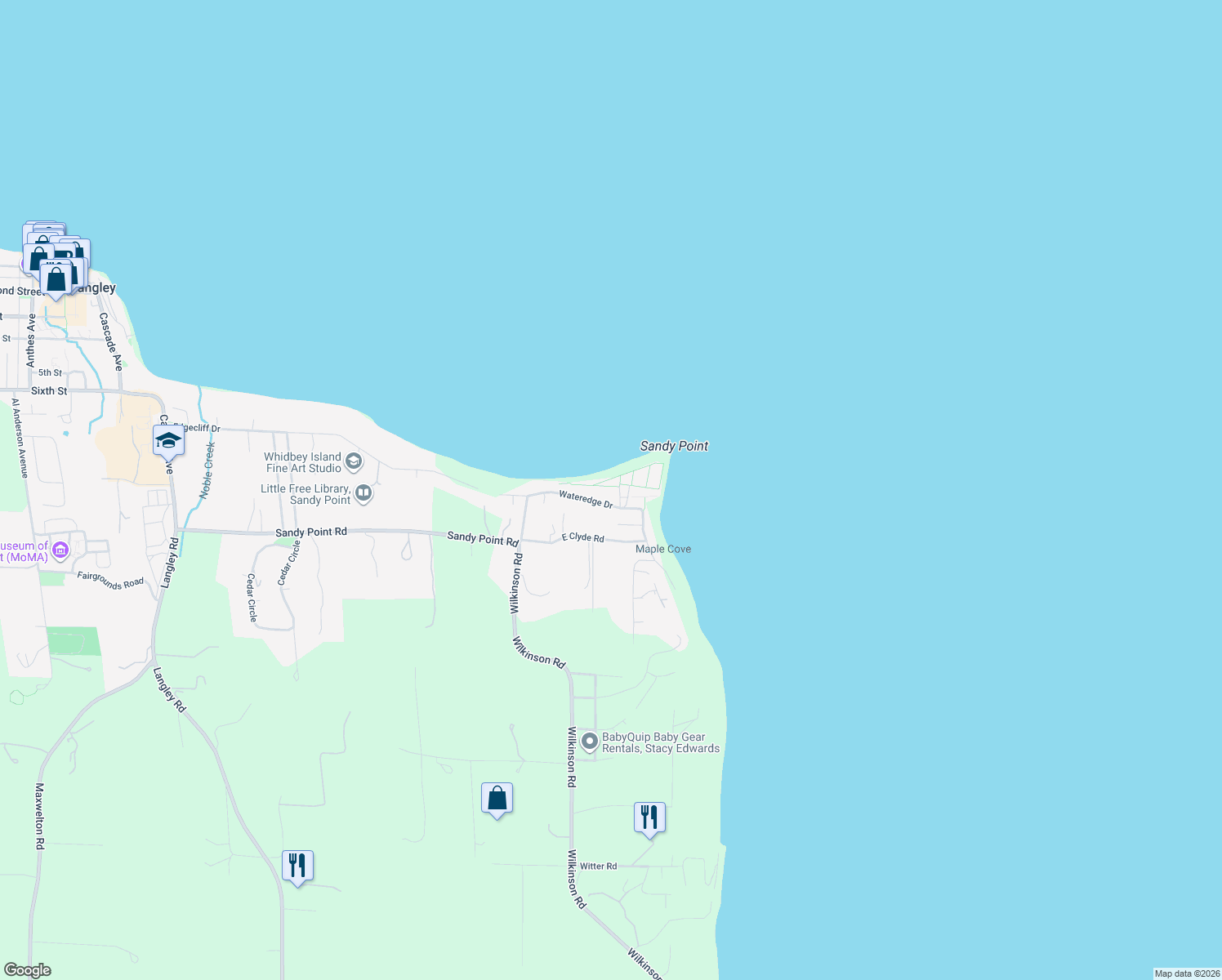map of restaurants, bars, coffee shops, grocery stores, and more near 4340 Whale Walk in Langley