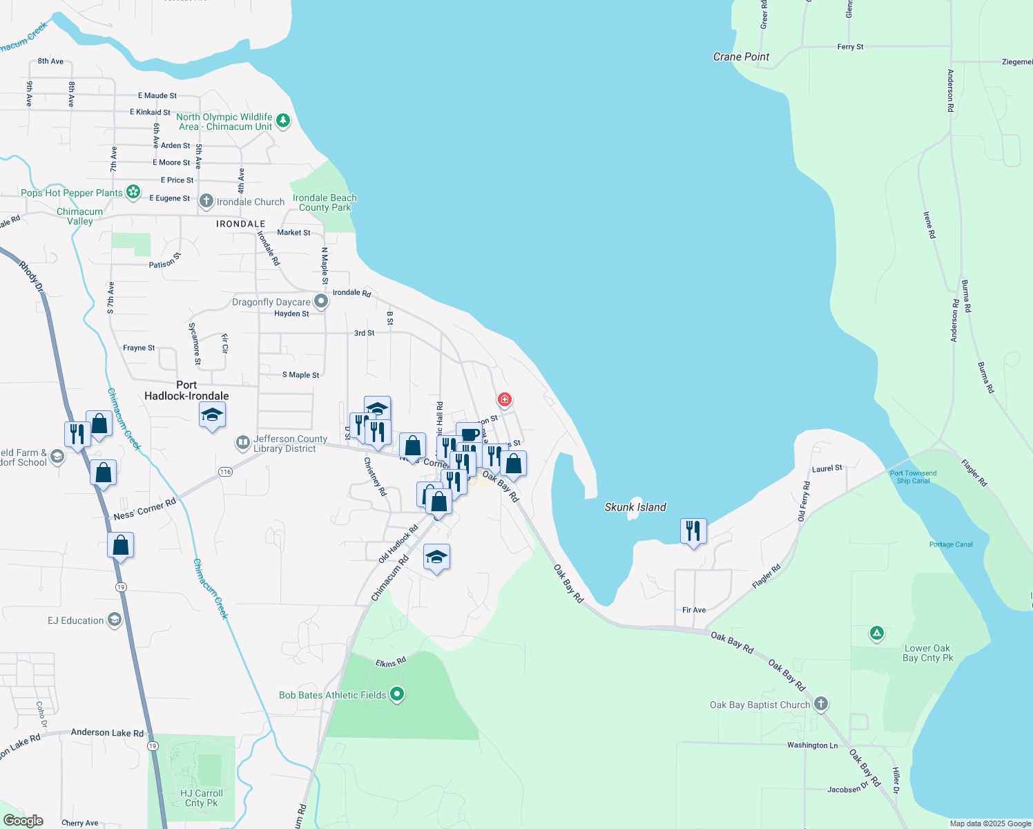 map of restaurants, bars, coffee shops, grocery stores, and more near Curtis St in Port Hadlock-Irondale