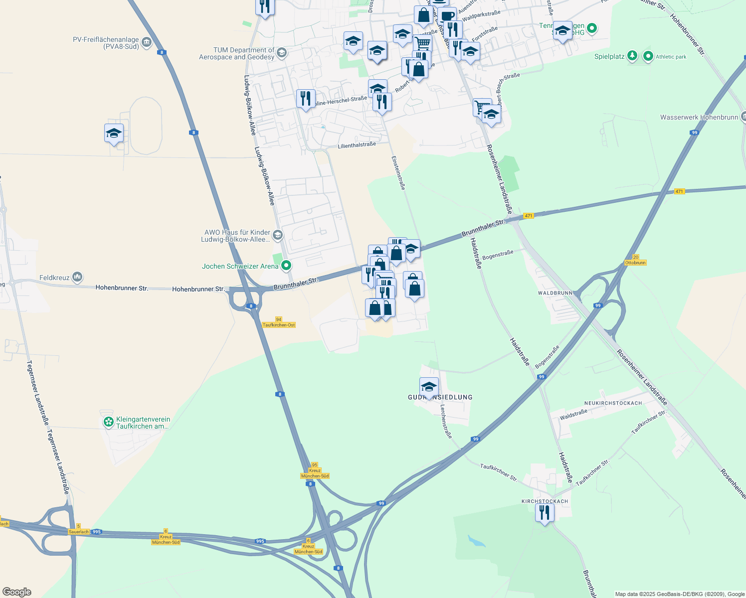 map of restaurants, bars, coffee shops, grocery stores, and more near Zusestraße in Upper Bavaria