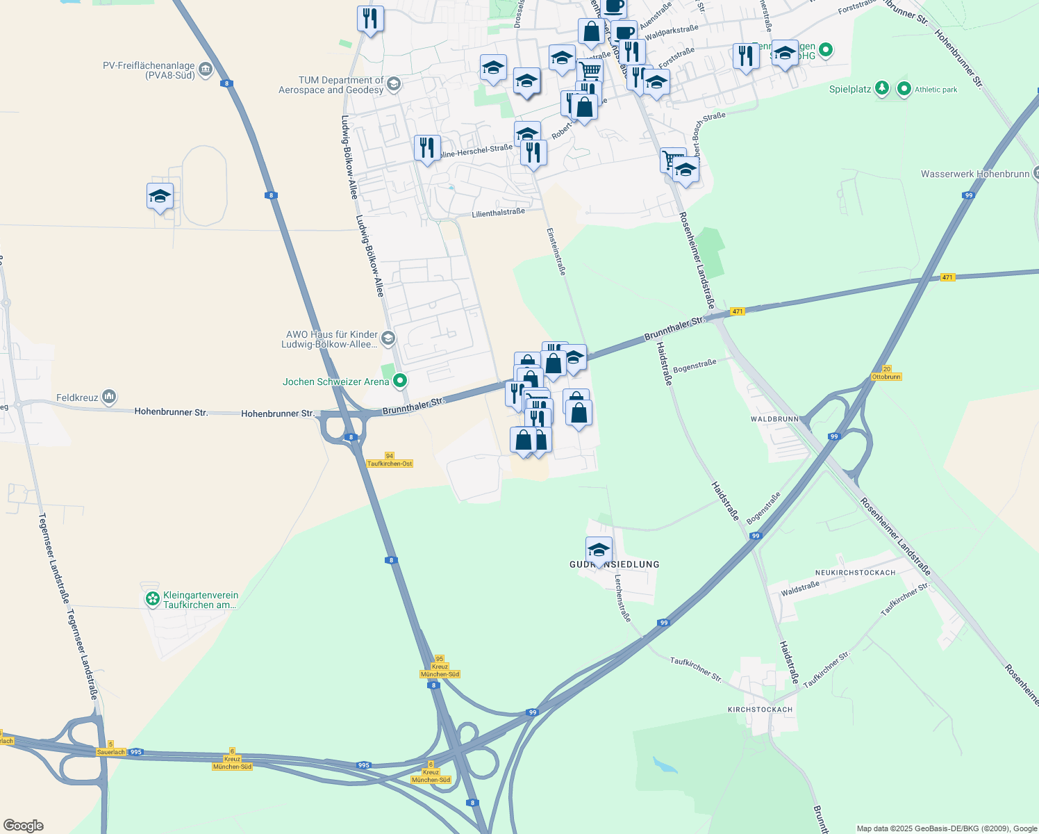 map of restaurants, bars, coffee shops, grocery stores, and more near Zusestraße in Upper Bavaria