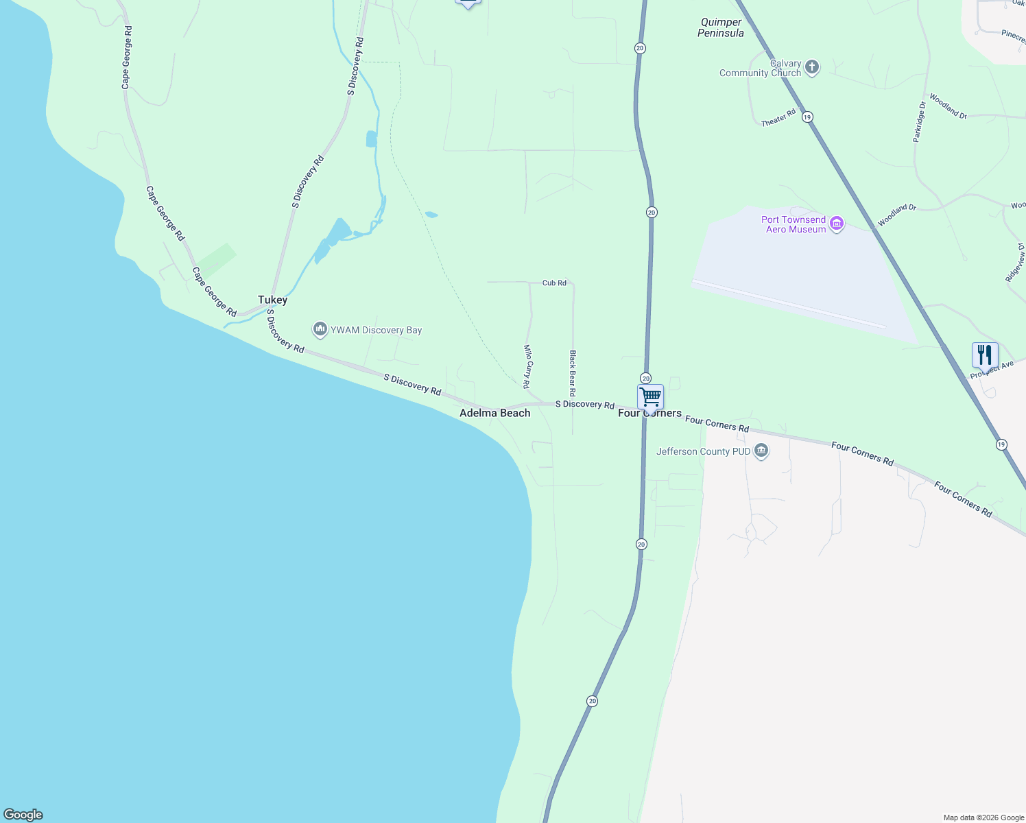 map of restaurants, bars, coffee shops, grocery stores, and more near 4522 South Discovery Road in Port Townsend