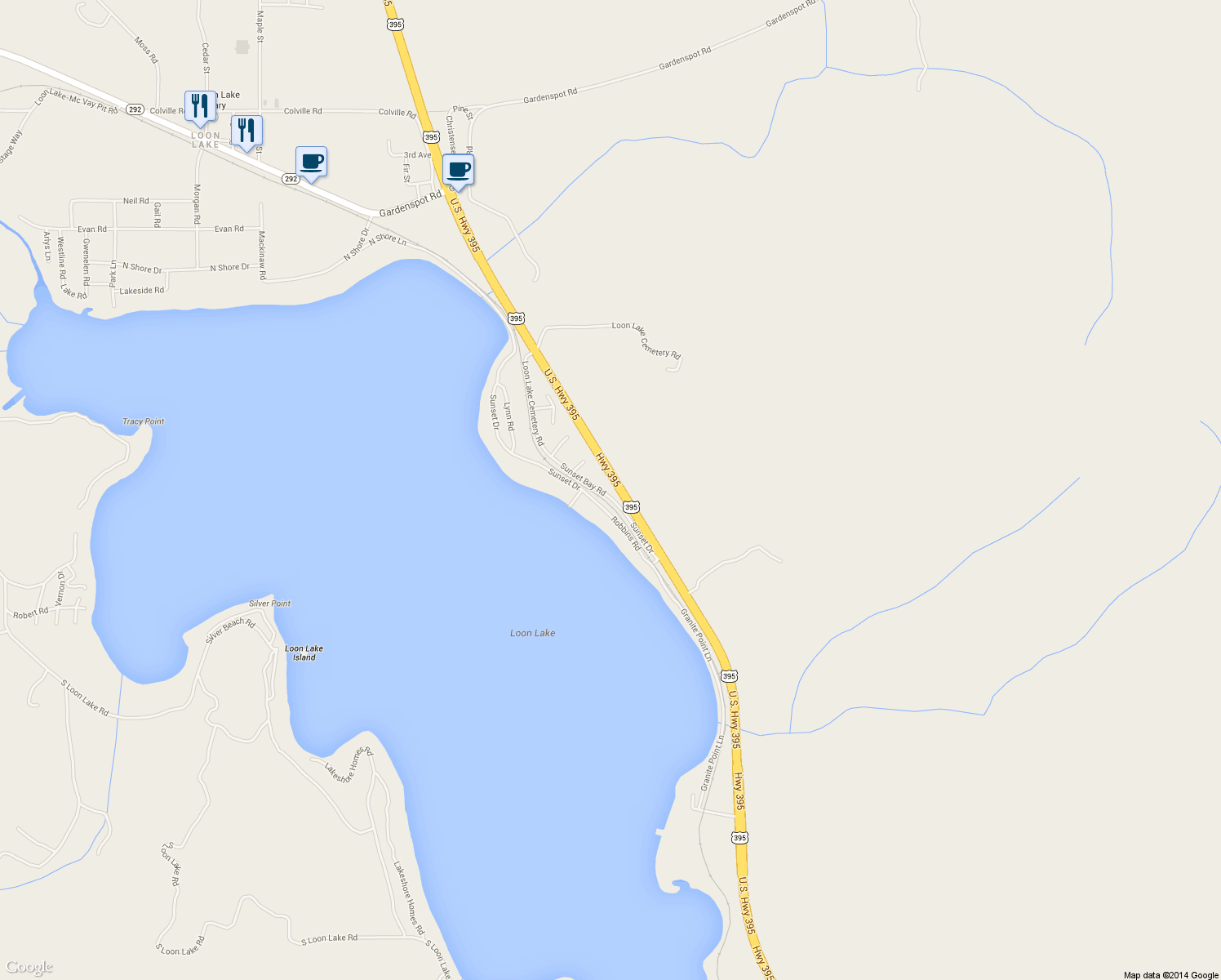 map of restaurants, bars, coffee shops, grocery stores, and more near 40269 Sunnyside Beach Road in Loon Lake