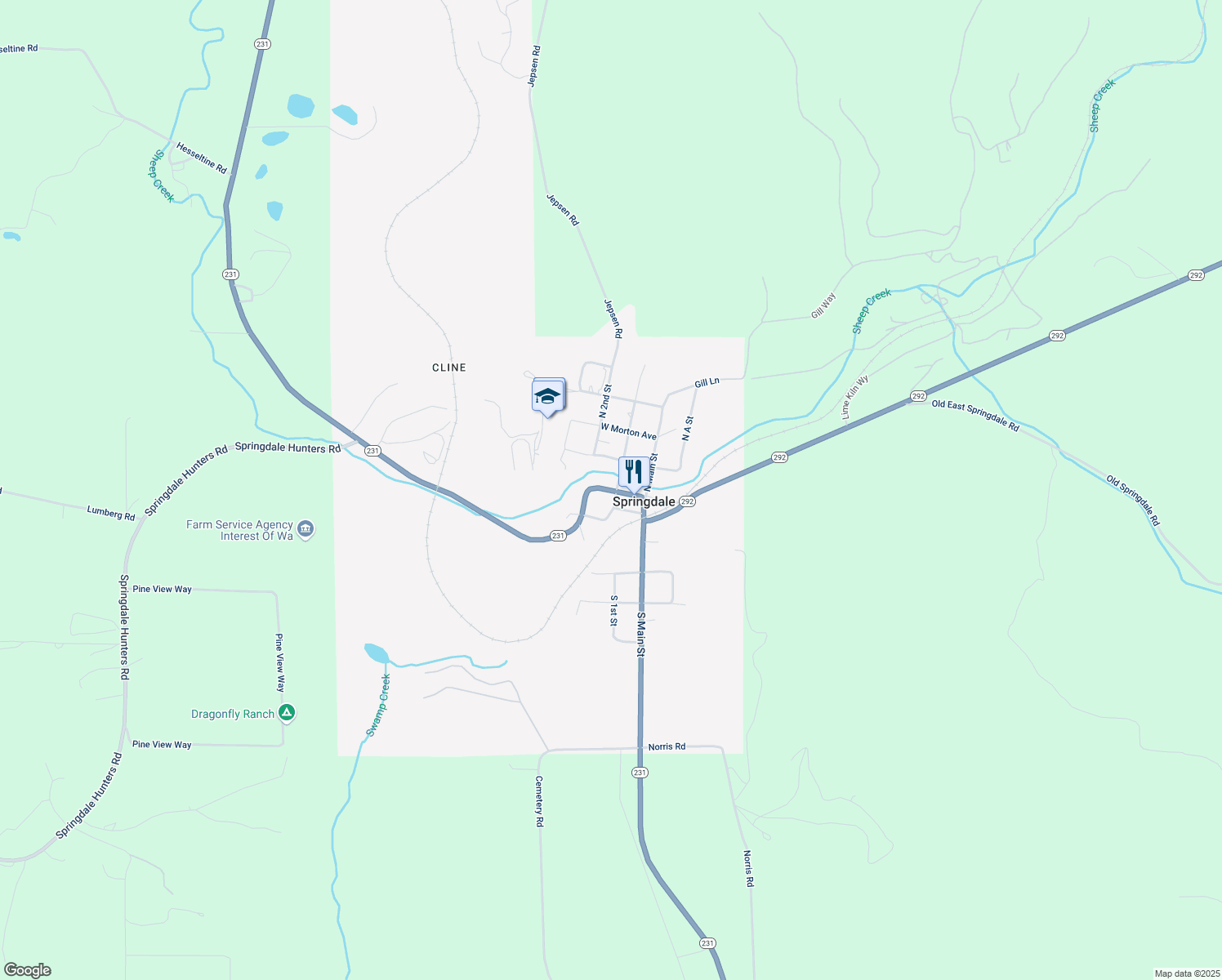 map of restaurants, bars, coffee shops, grocery stores, and more near 727 North 2nd Street in Springdale