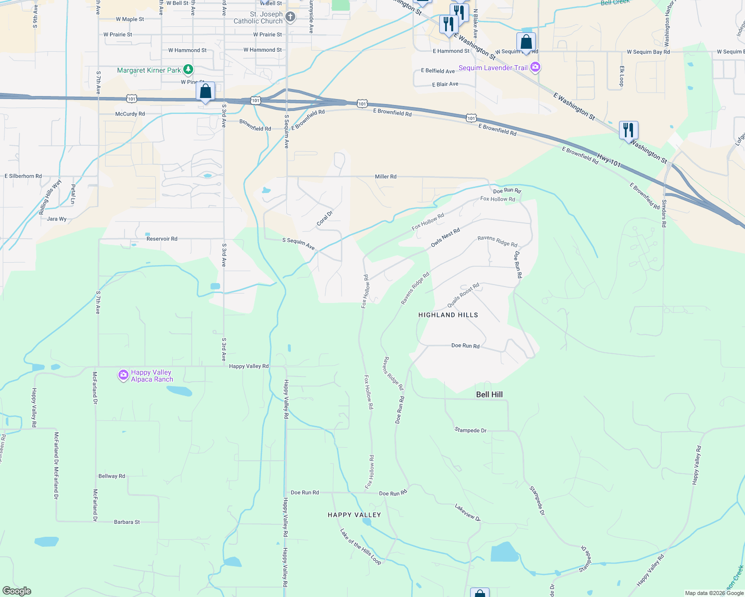 map of restaurants, bars, coffee shops, grocery stores, and more near 823 Fox Hollow Rd in Sequim