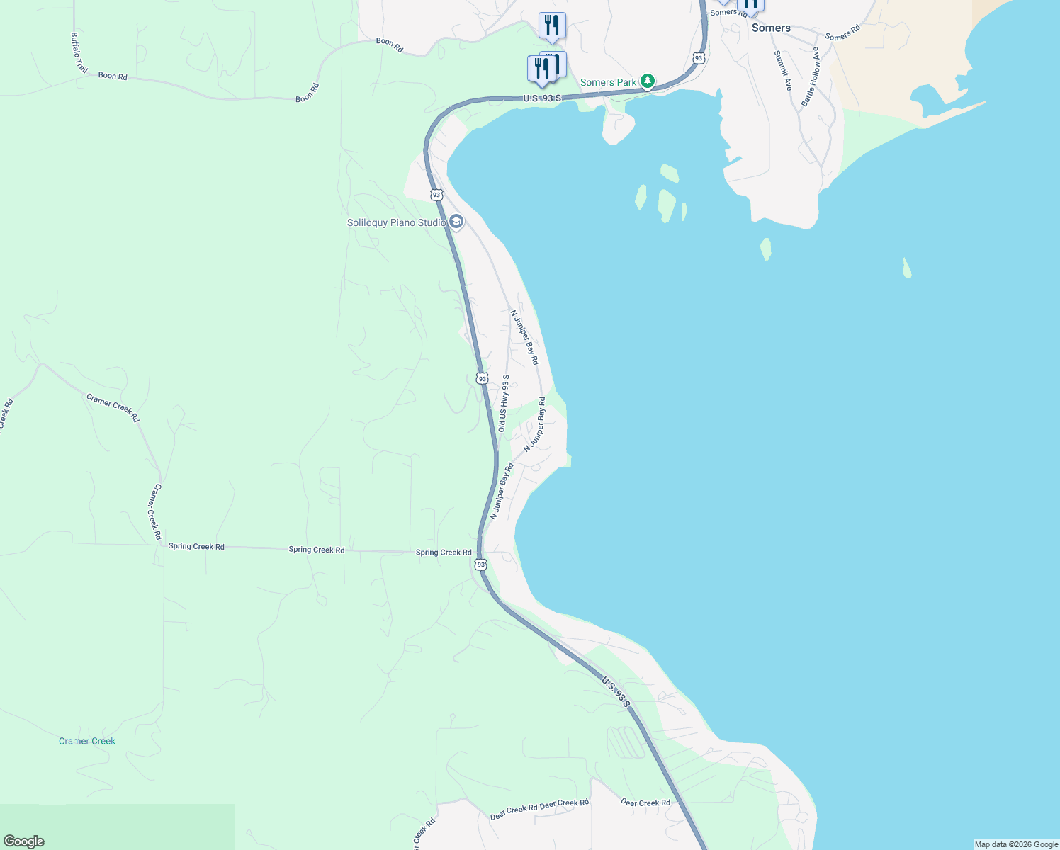 map of restaurants, bars, coffee shops, grocery stores, and more near 275 Old US Highway 93 in Somers