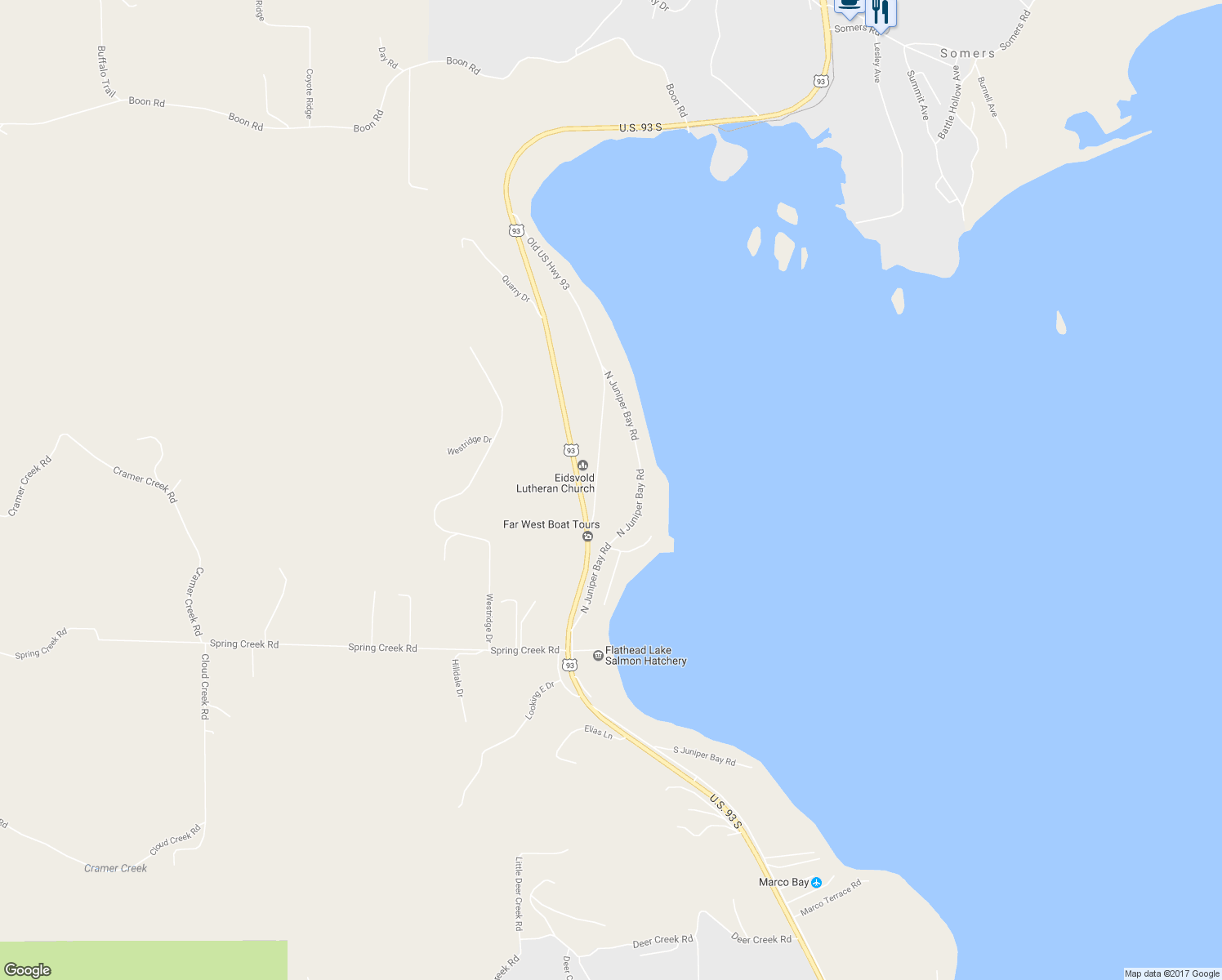 map of restaurants, bars, coffee shops, grocery stores, and more near 275 Old US Highway 93 in Somers