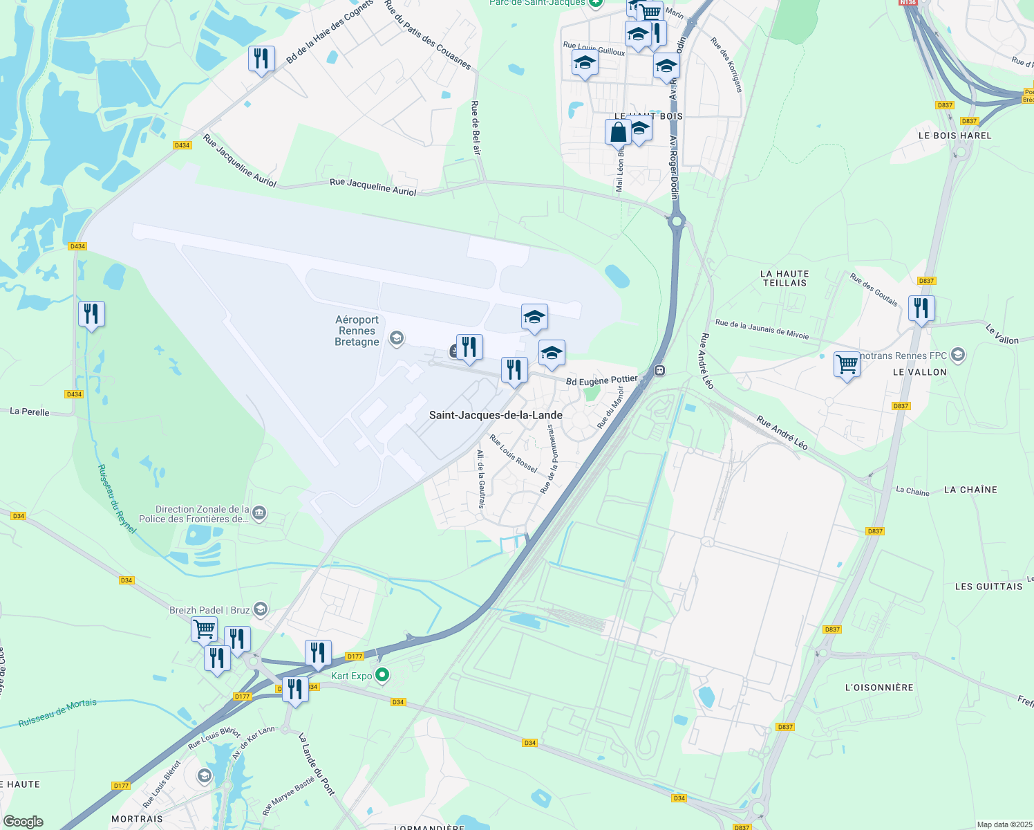 map of restaurants, bars, coffee shops, grocery stores, and more near in Saint-Jacques-de-la-Lande