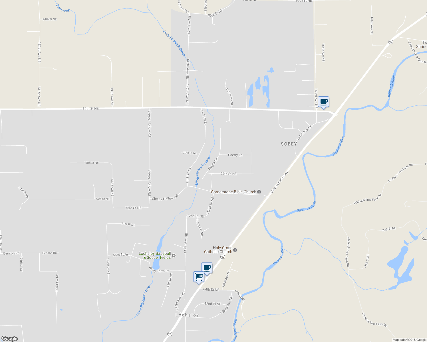 map of restaurants, bars, coffee shops, grocery stores, and more near 14921 77th Street Northeast in Lake Stevens