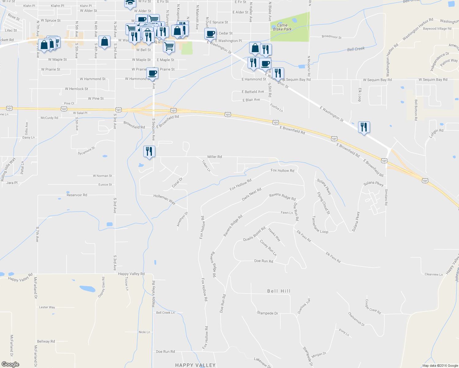 map of restaurants, bars, coffee shops, grocery stores, and more near 450 Fox Hollow Road in Sequim