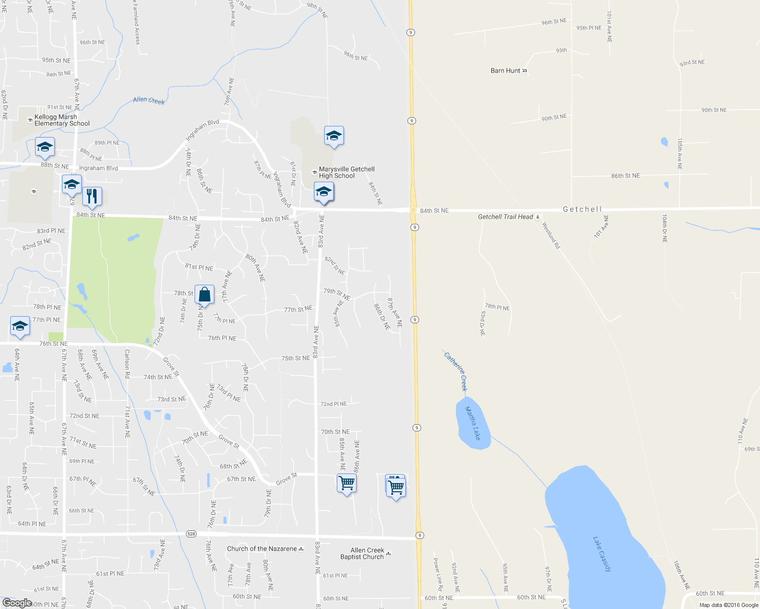 map of restaurants, bars, coffee shops, grocery stores, and more near 7811 86th Drive Northeast in Marysville