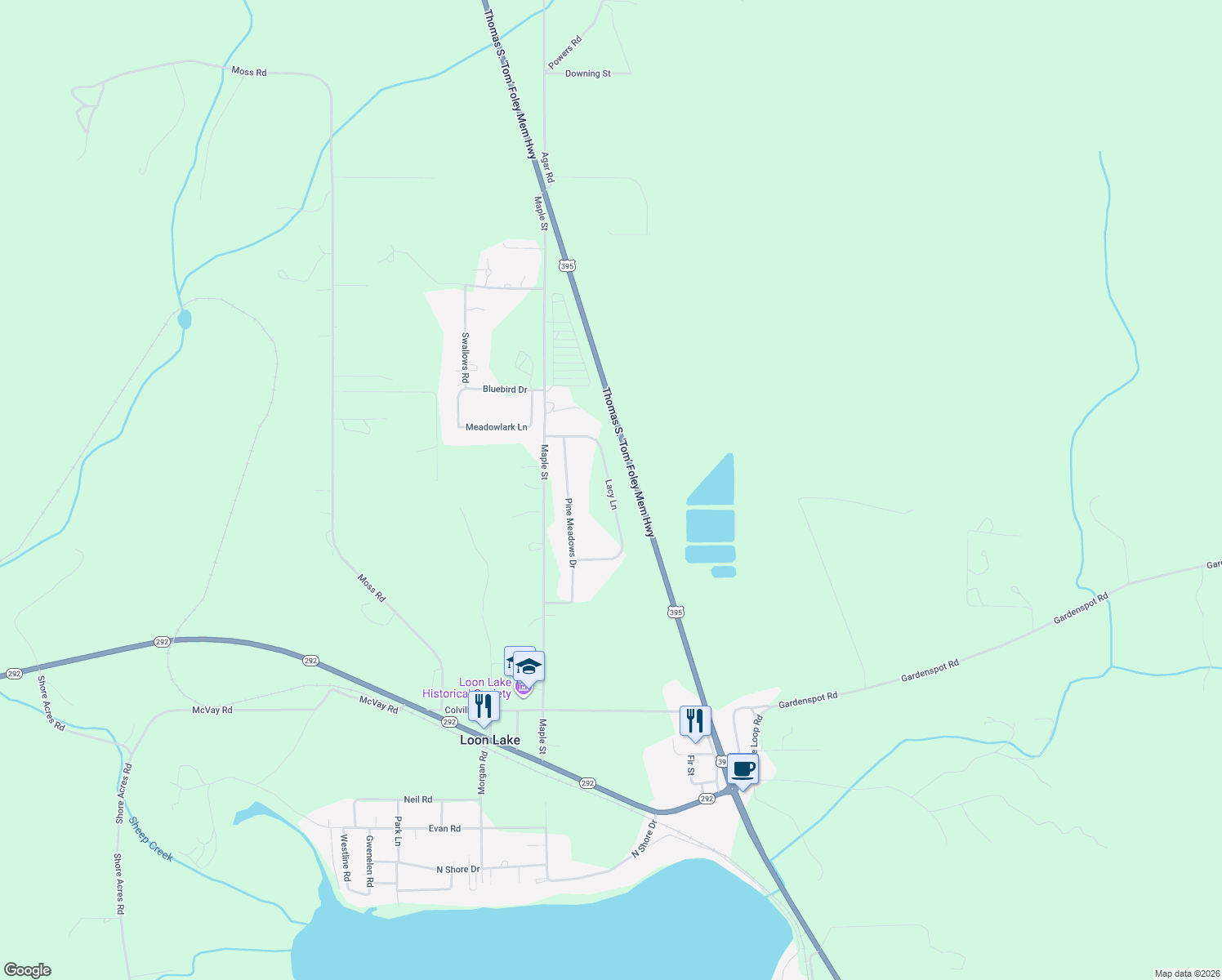 map of restaurants, bars, coffee shops, grocery stores, and more near Lacy Lane in Loon Lake