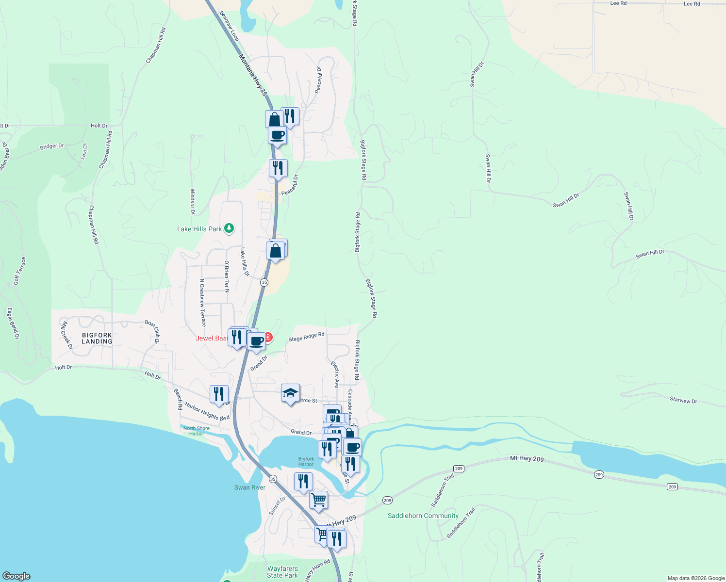 map of restaurants, bars, coffee shops, grocery stores, and more near 1050 Bigfork Stage Rd in Bigfork