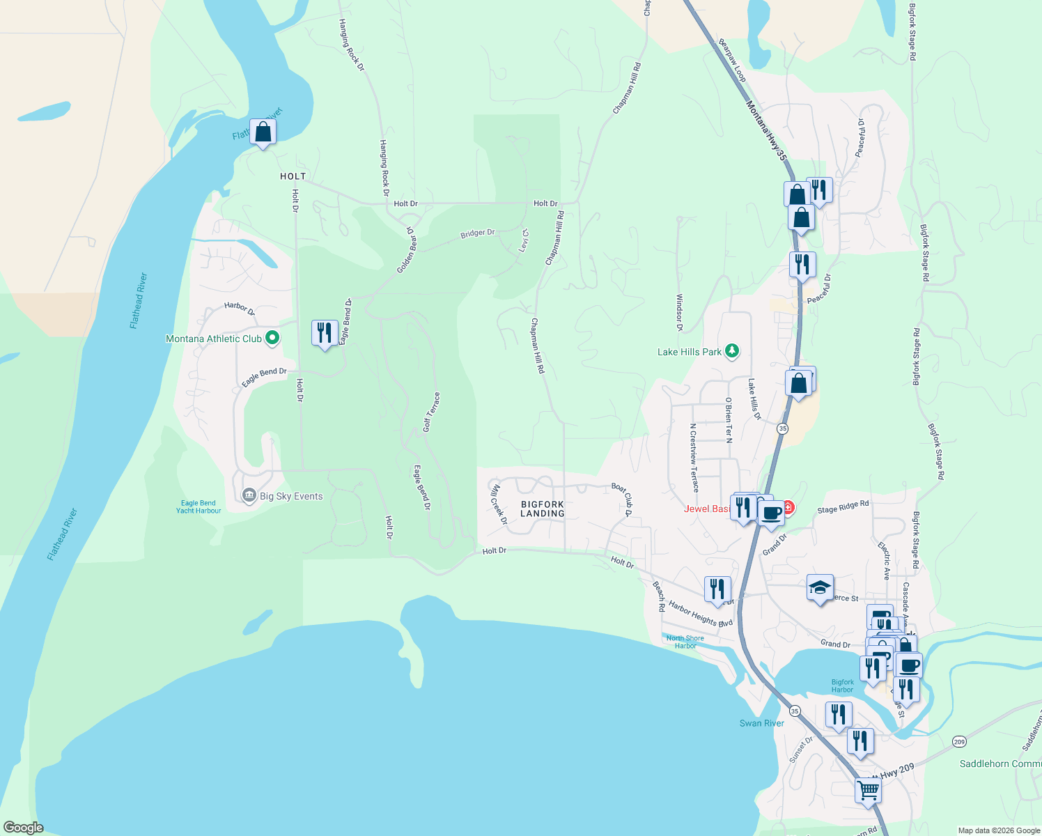 map of restaurants, bars, coffee shops, grocery stores, and more near 268 Chapman Hill Rd in Bigfork