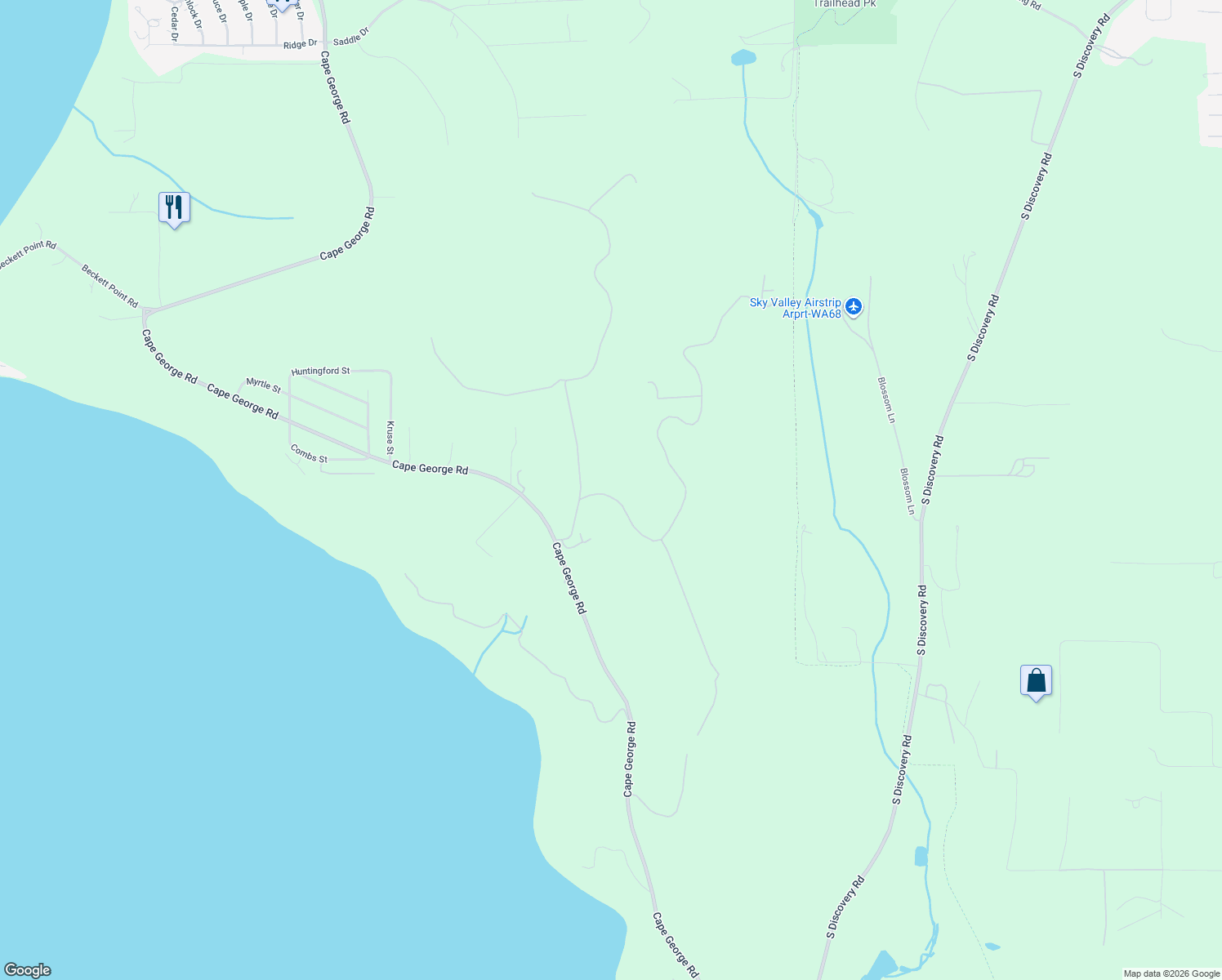 map of restaurants, bars, coffee shops, grocery stores, and more near 160 Blue Sky Drive in Port Townsend