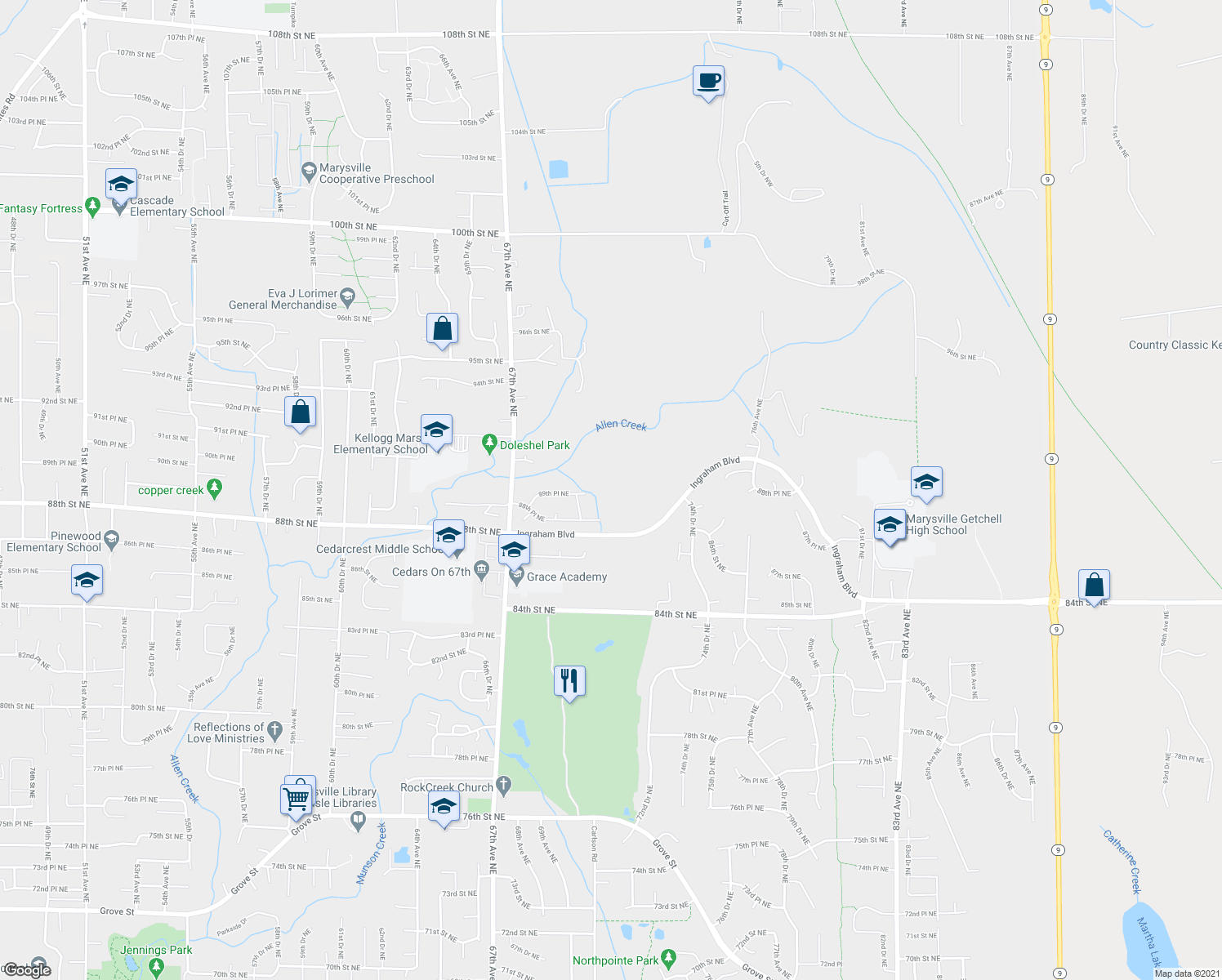 map of restaurants, bars, coffee shops, grocery stores, and more near 6929 89th Place Northeast in Marysville