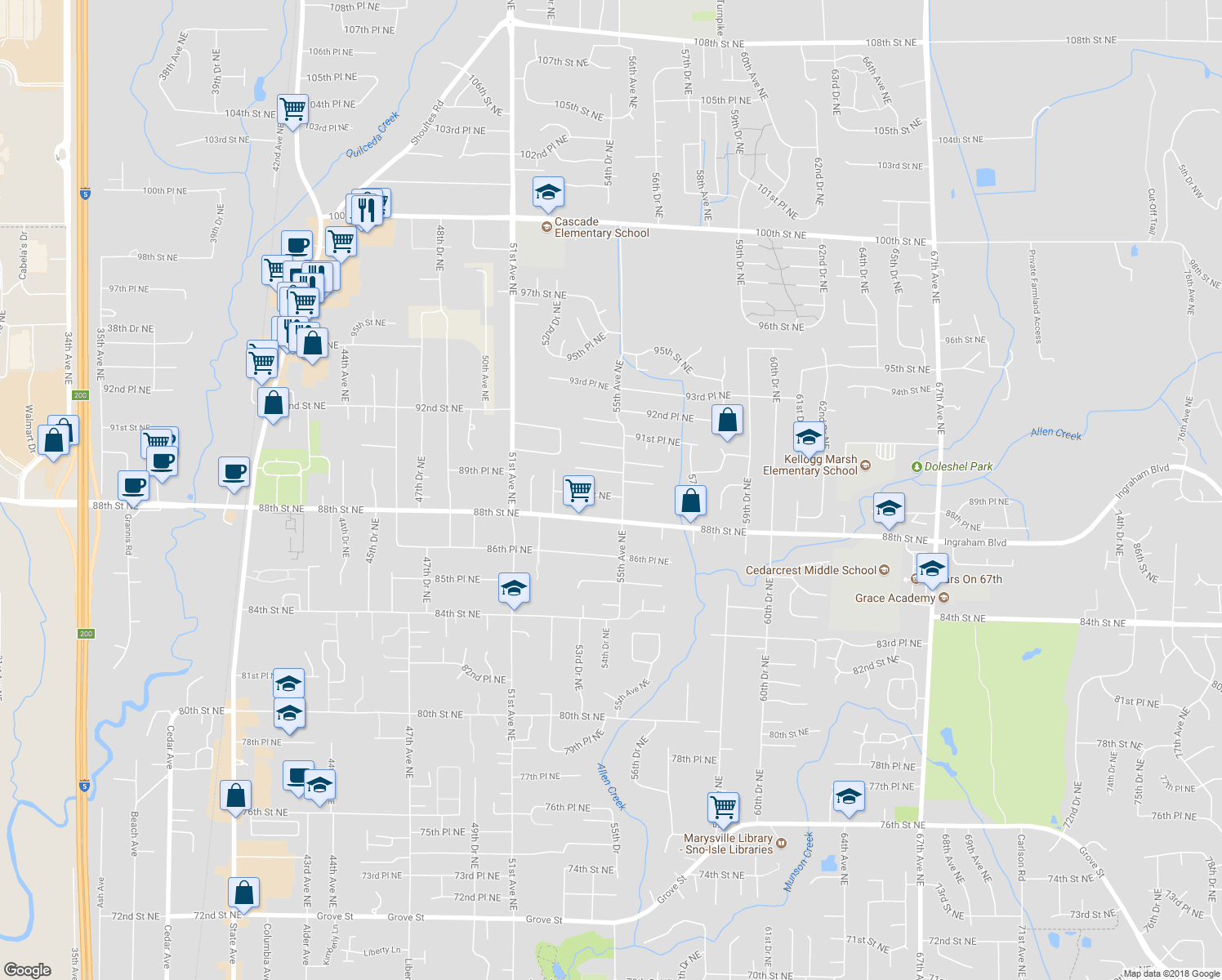 map of restaurants, bars, coffee shops, grocery stores, and more near 5421 89th Street Northeast in Marysville
