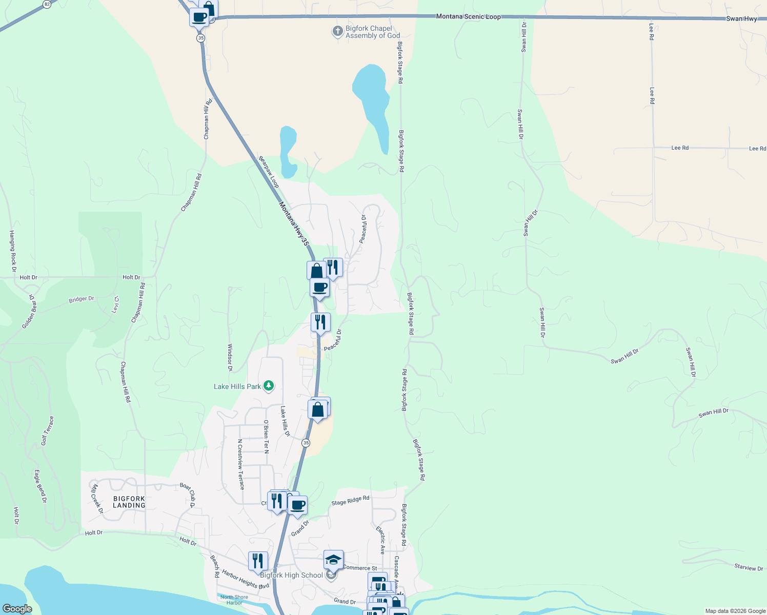 map of restaurants, bars, coffee shops, grocery stores, and more near 721 Peaceful Dr in Bigfork