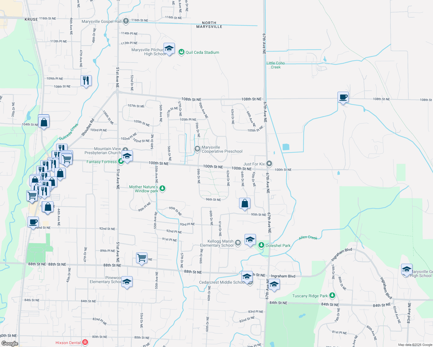 map of restaurants, bars, coffee shops, grocery stores, and more near 6112 99th Pl NE in Marysville