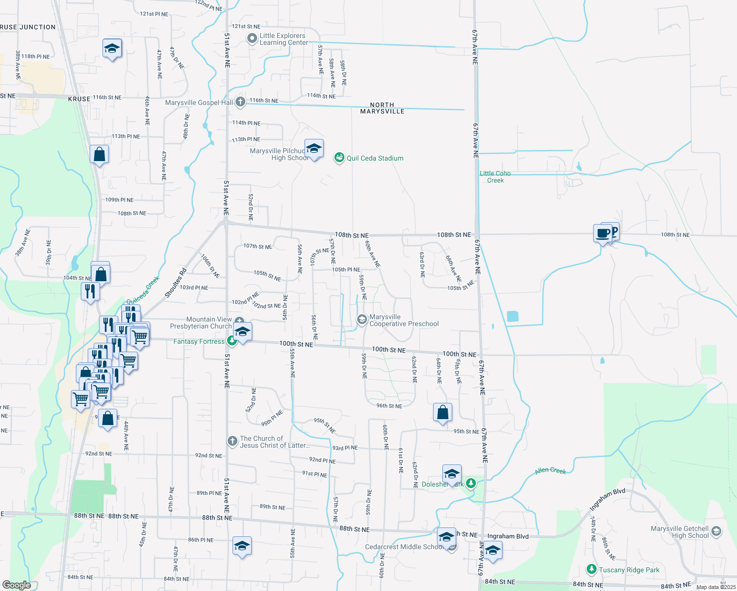 map of restaurants, bars, coffee shops, grocery stores, and more near 10327 59th Drive Northeast in Marysville