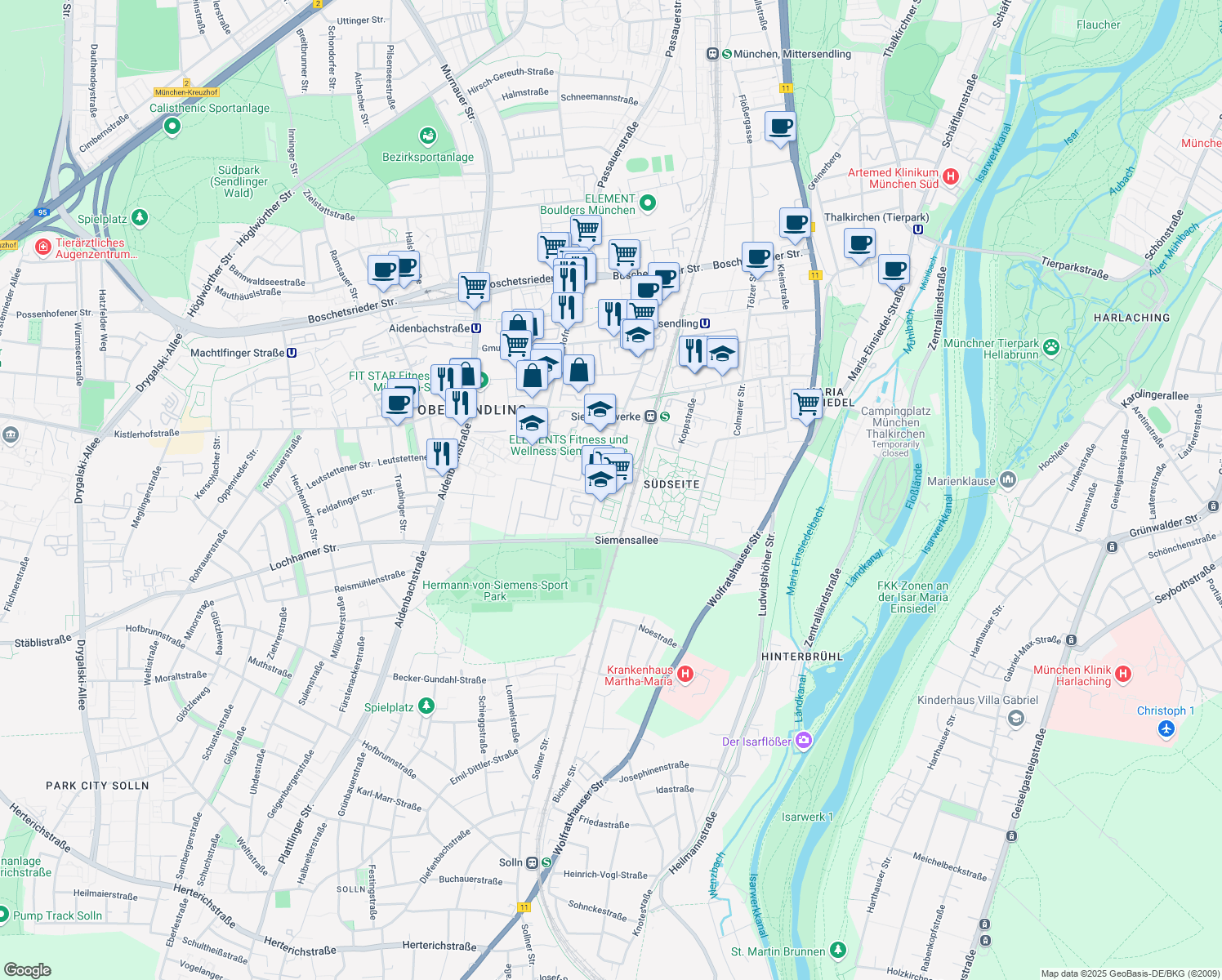 map of restaurants, bars, coffee shops, grocery stores, and more near 85 Baierbrunner Straße in München