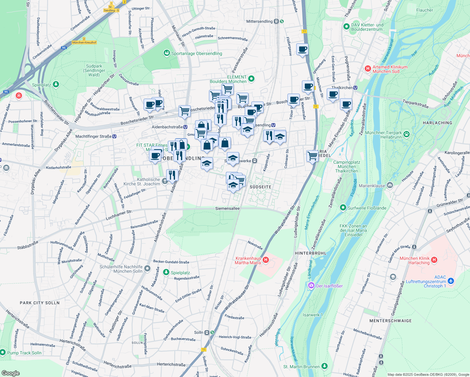 map of restaurants, bars, coffee shops, grocery stores, and more near 85 Baierbrunner Straße in München
