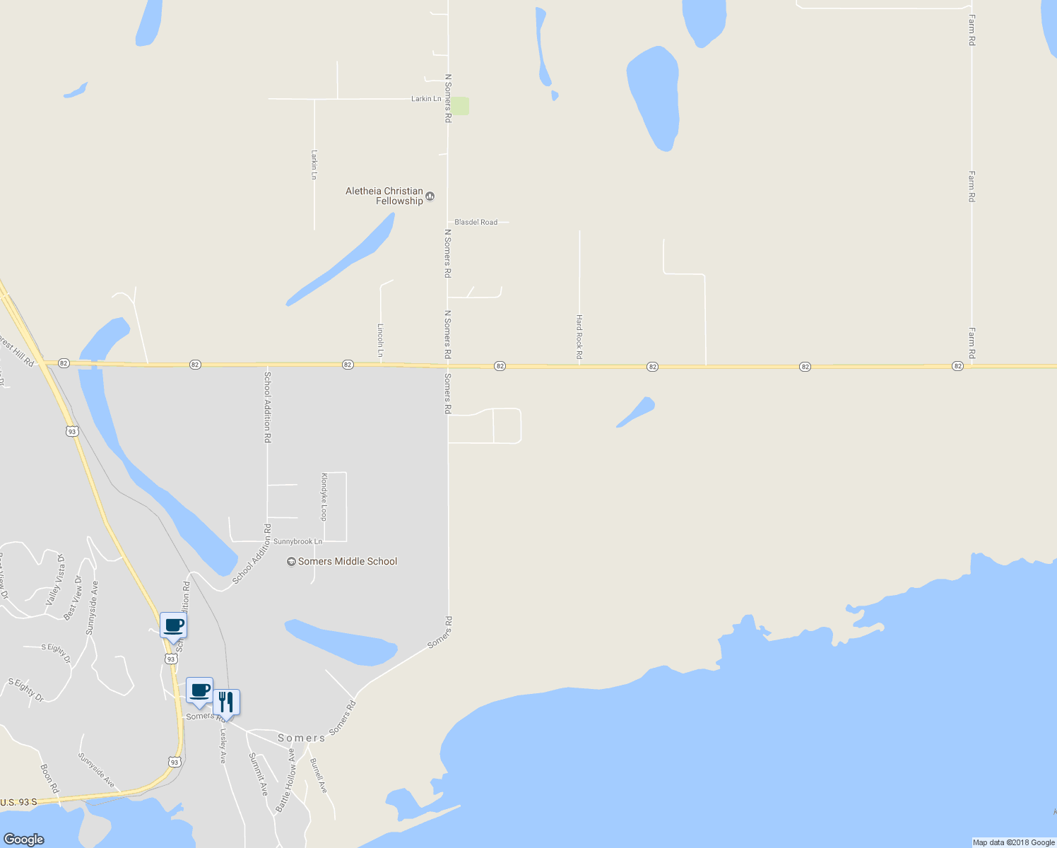 map of restaurants, bars, coffee shops, grocery stores, and more near 1273 Mackinaw Loop in Somers