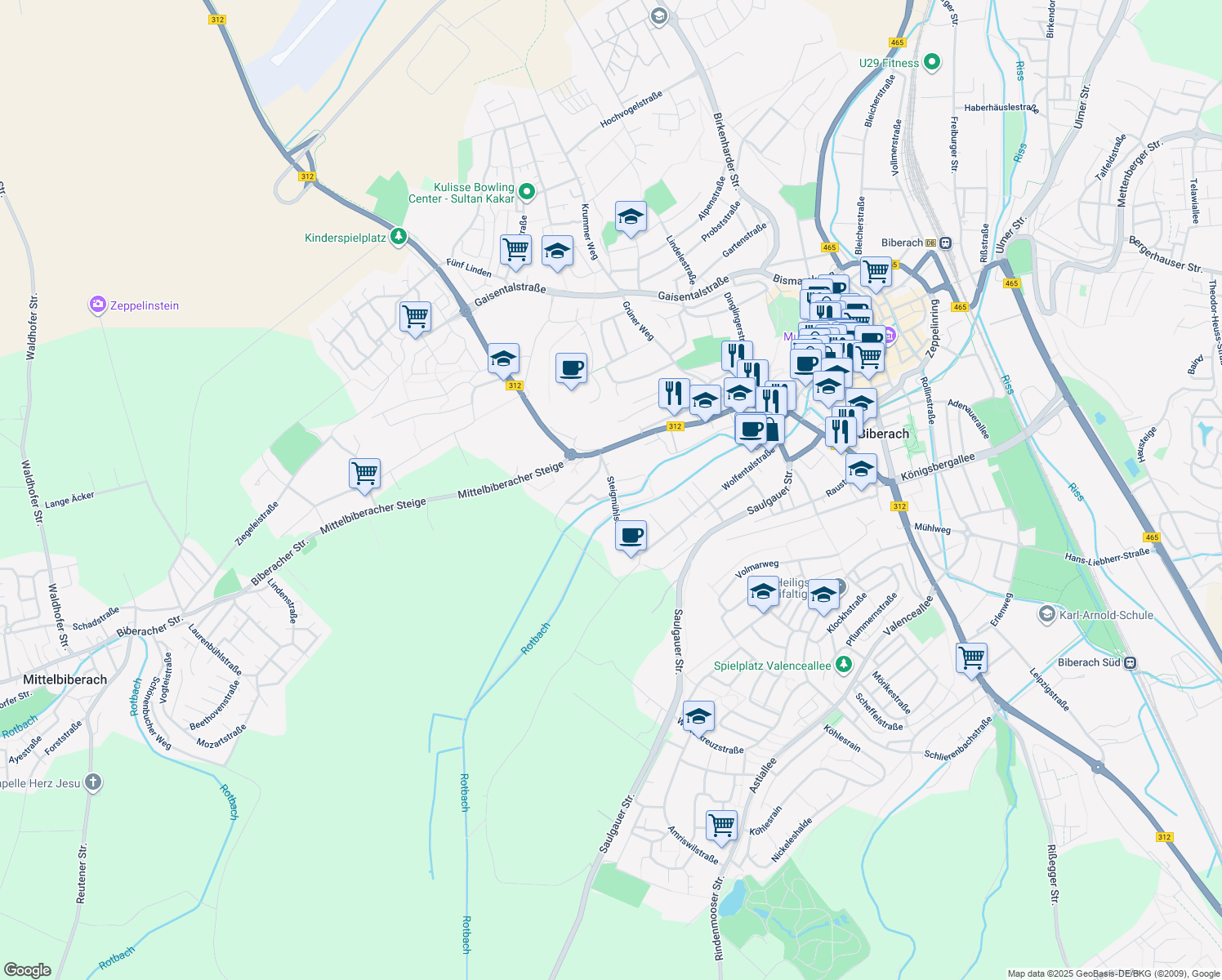 map of restaurants, bars, coffee shops, grocery stores, and more near 18 Steigmühlstraße in Biberach an der Riß