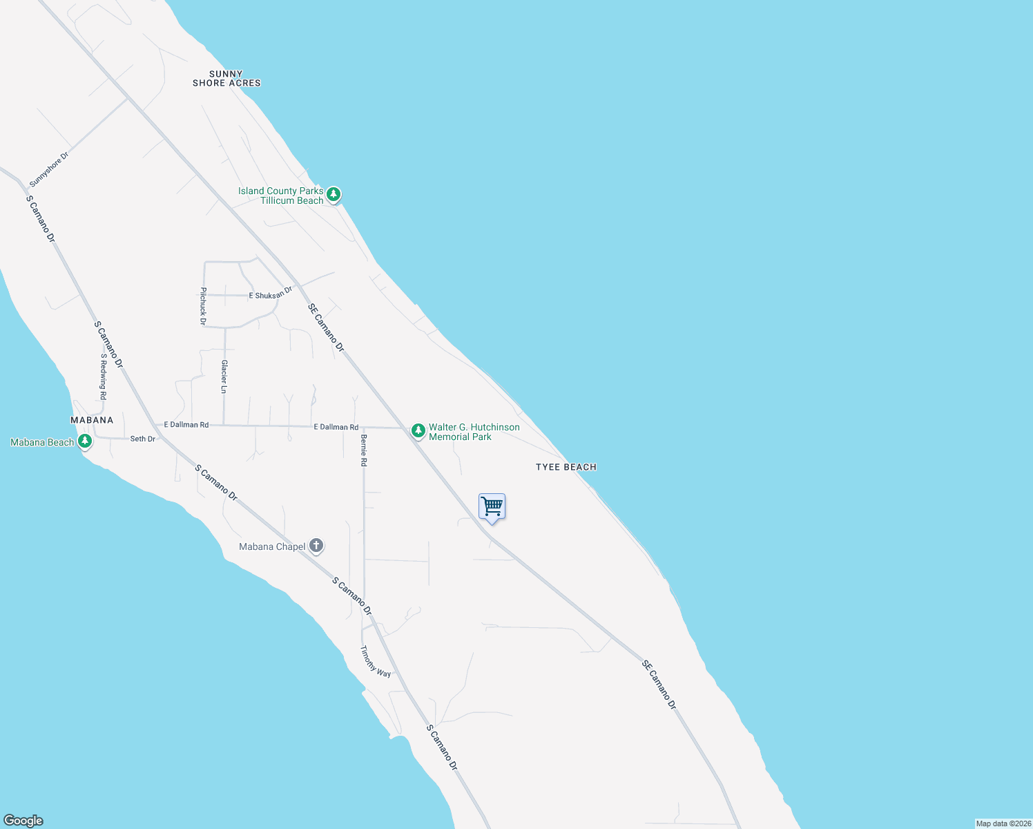 map of restaurants, bars, coffee shops, grocery stores, and more near Shoreline Drive in Camano Island