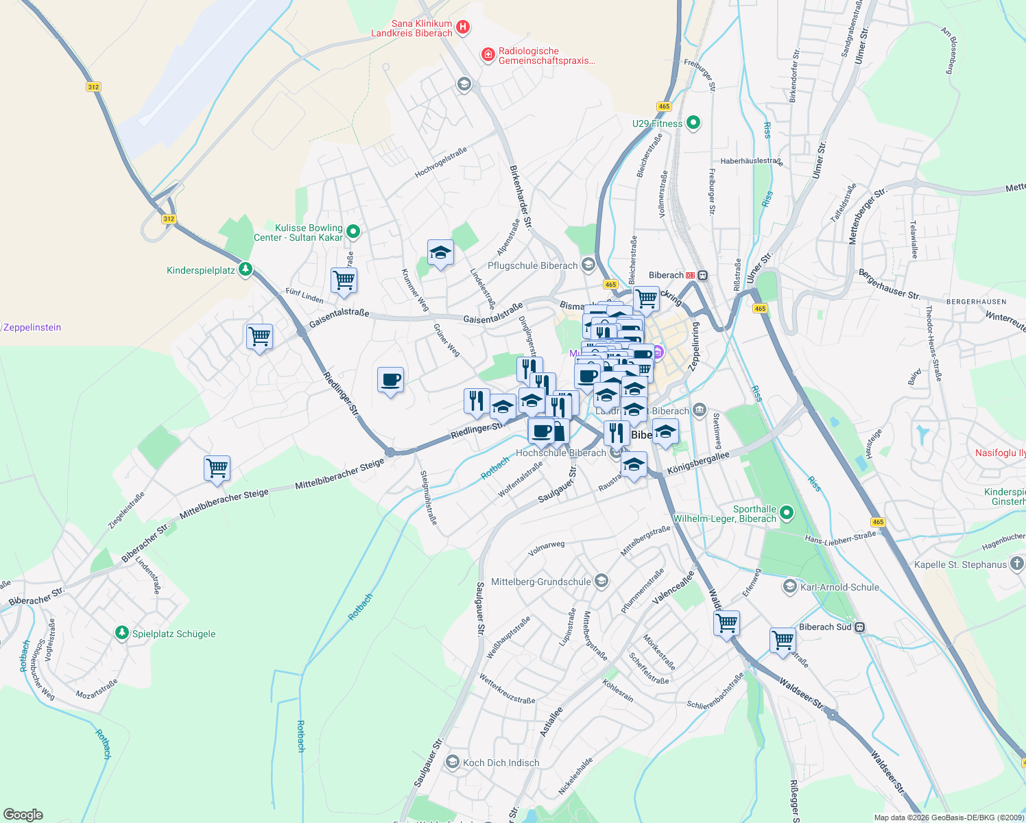 map of restaurants, bars, coffee shops, grocery stores, and more near 5/2 Hirschbergstraße in Biberach an der Riß