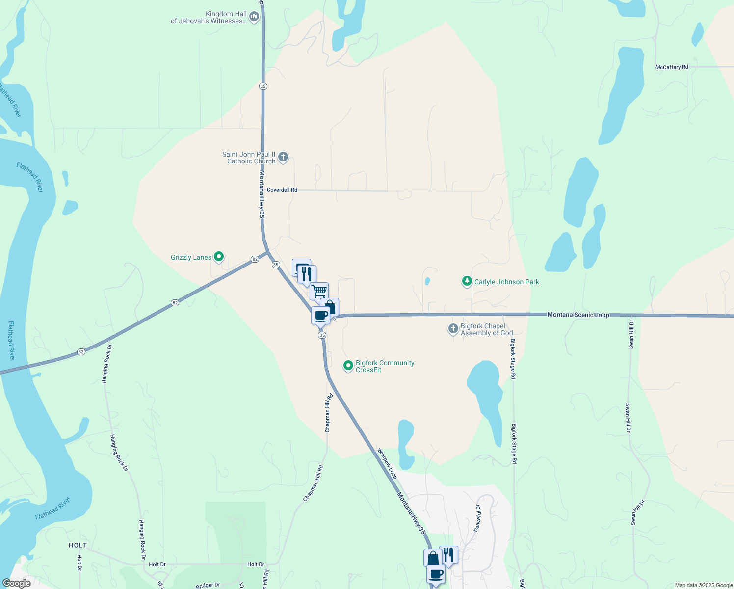 map of restaurants, bars, coffee shops, grocery stores, and more near 135 Highway 83 in Bigfork