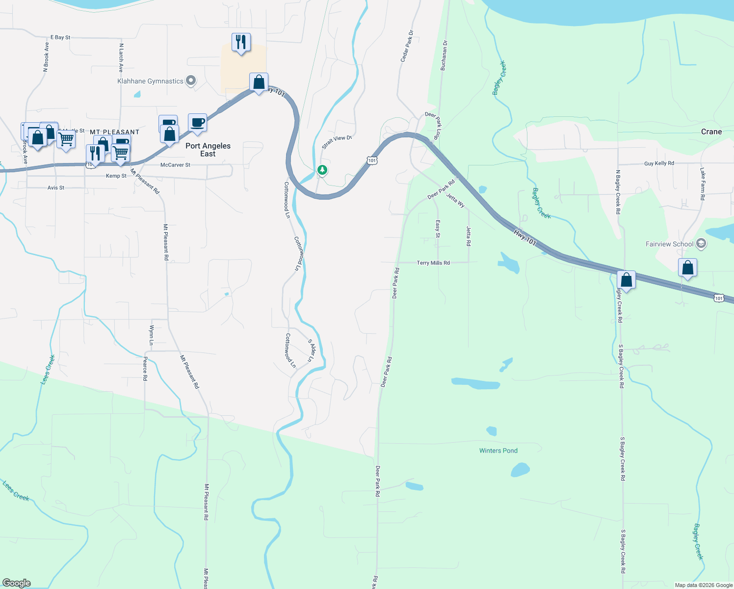map of restaurants, bars, coffee shops, grocery stores, and more near 122 View Ridge Drive in Port Angeles