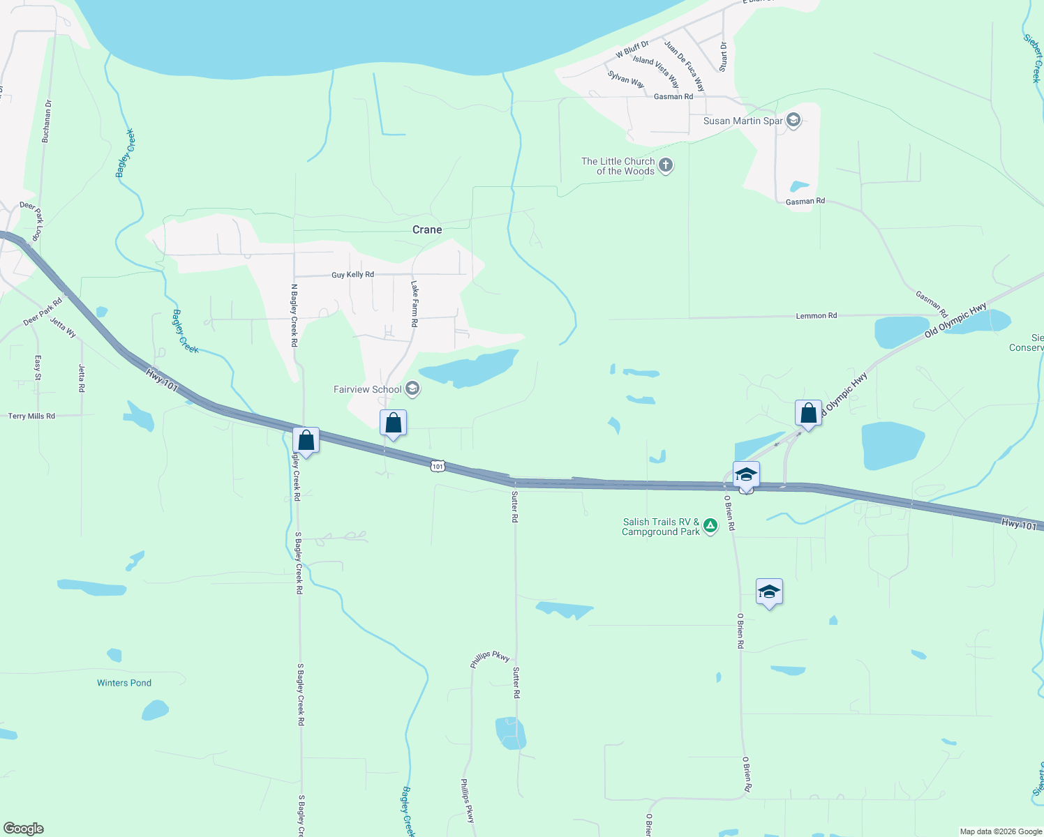 map of restaurants, bars, coffee shops, grocery stores, and more near 16 Walker Valley Road in Port Angeles