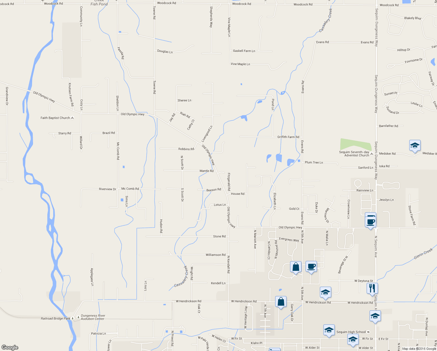map of restaurants, bars, coffee shops, grocery stores, and more near 8874 Old Olympic Highway in Sequim