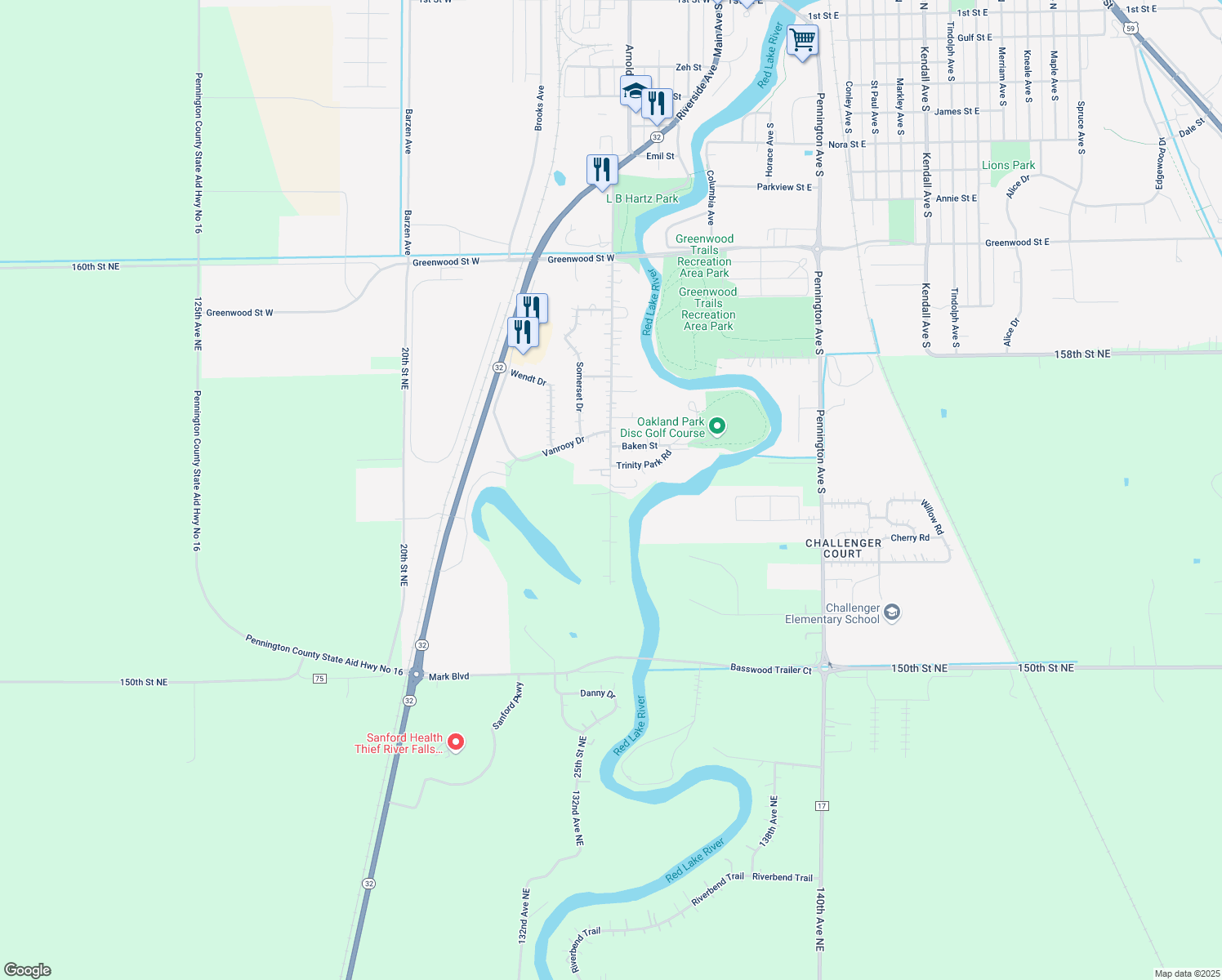 map of restaurants, bars, coffee shops, grocery stores, and more near 1405 Oakland Park Road South in Thief River Falls