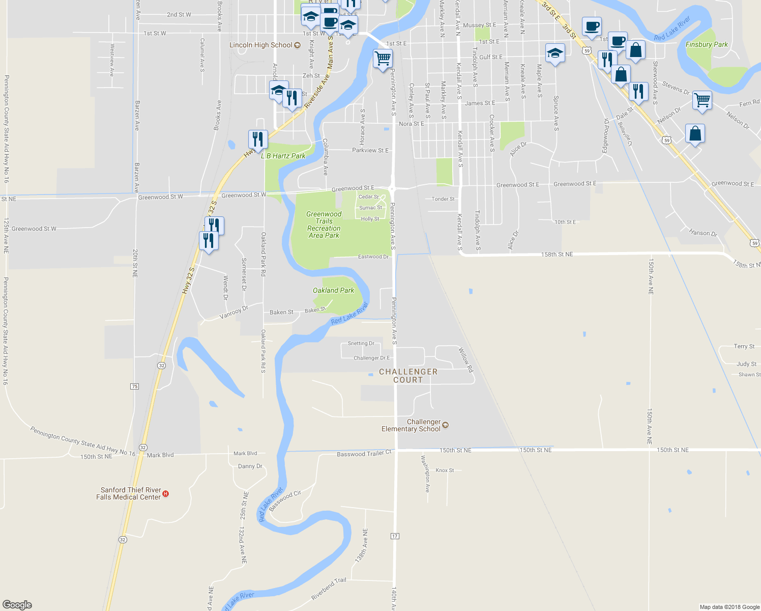 map of restaurants, bars, coffee shops, grocery stores, and more near 1213 Riverdale Drive in Thief River Falls