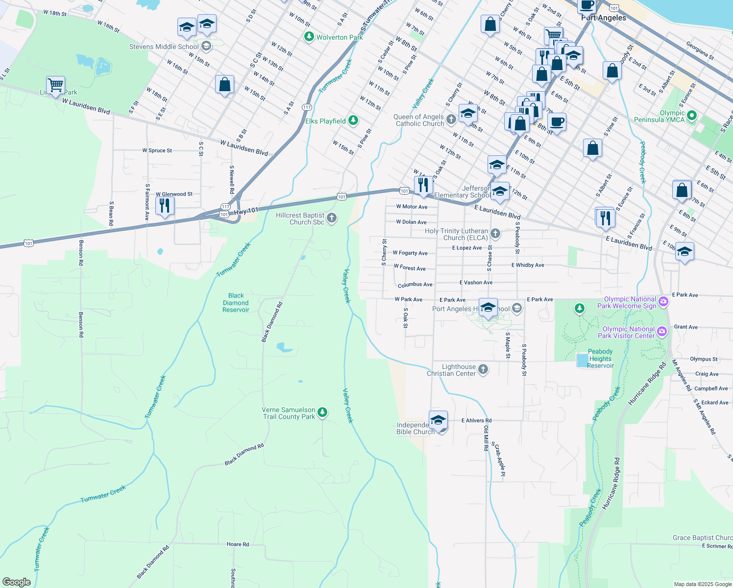 map of restaurants, bars, coffee shops, grocery stores, and more near 321 W Park Ave in Port Angeles