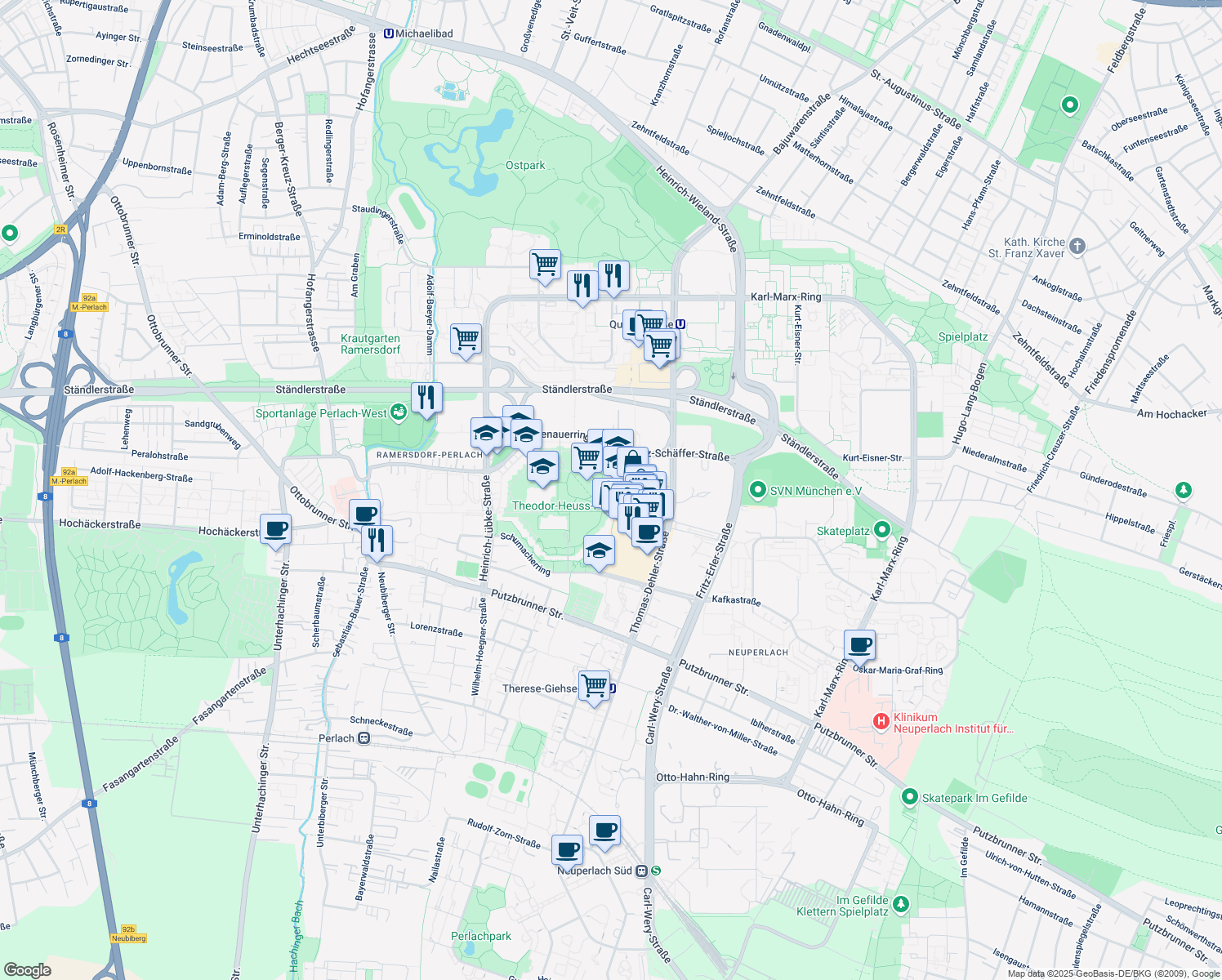 map of restaurants, bars, coffee shops, grocery stores, and more near 9 Charles-de-Gaulle-Straße in München