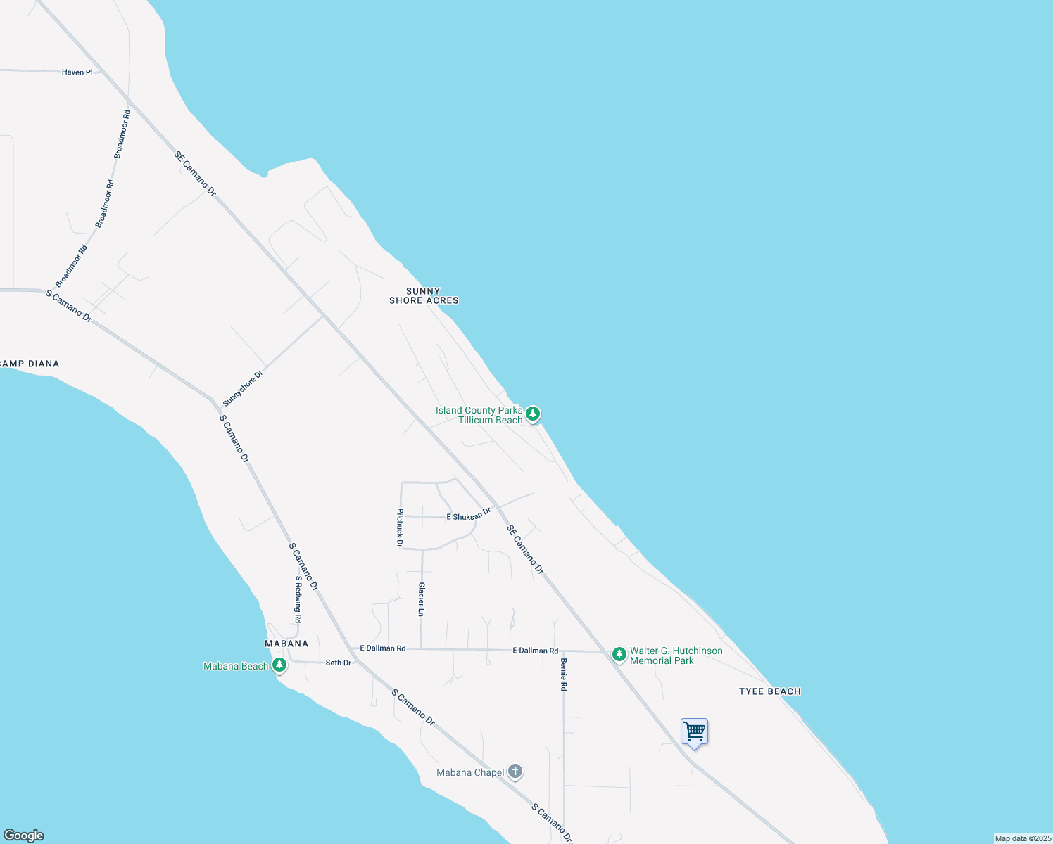 map of restaurants, bars, coffee shops, grocery stores, and more near 2945 South Tillicum Beach Drive in Camano Island